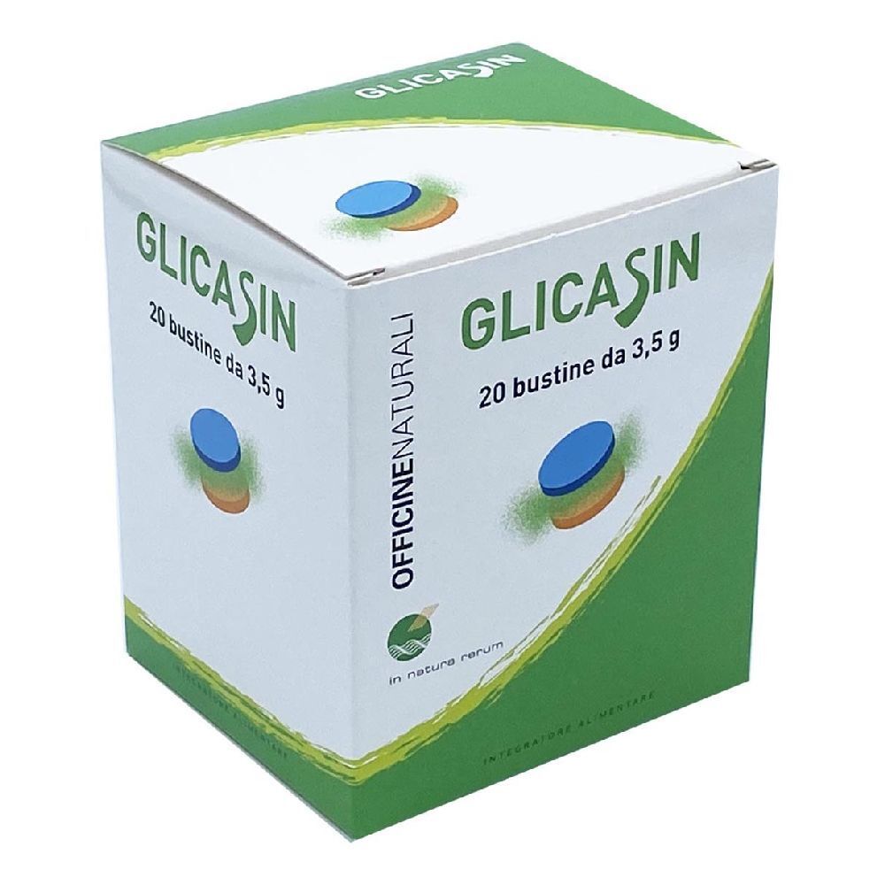 Boîte de Glicasin 20 sachets. Design vert et blanc avec nom et logo du produit. Illustration bleue et jaune.