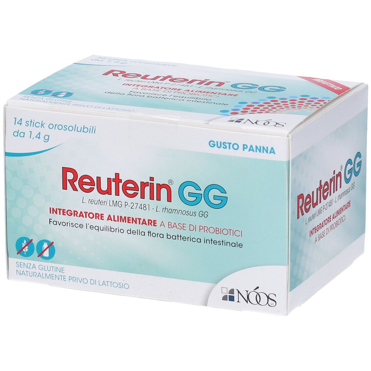 Boîte de Reuterin GG. 14 sticks de 1,4 g. Inscription : 'Integratore alimentare a base di probiotici'.