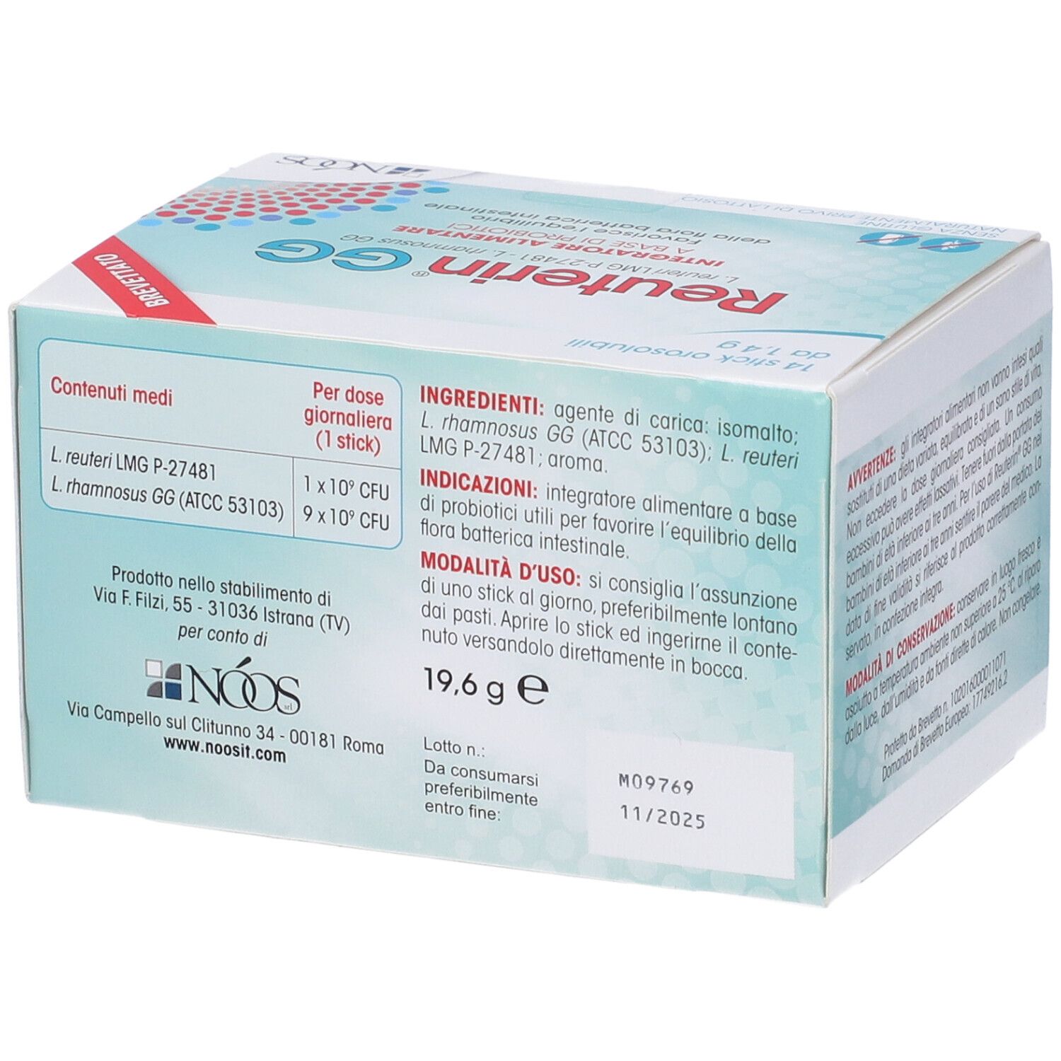 Dos de la boîte Reuterin GG. Ingrédients, dosage, mode d'emploi. Adresse de production et date de péremption.