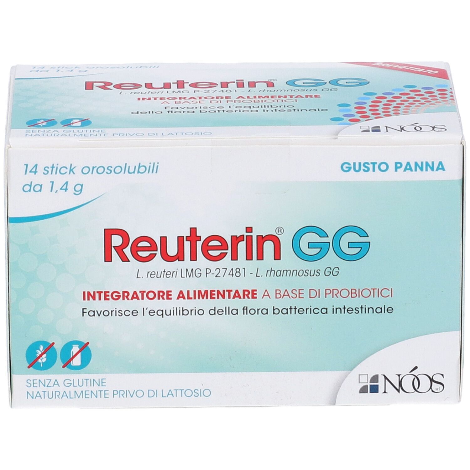 Boîte Reuterin GG. 14 sticks de 1,4 g. Inscription : 'Integratore alimentare a base di probiotici'. Marque : NOOS.