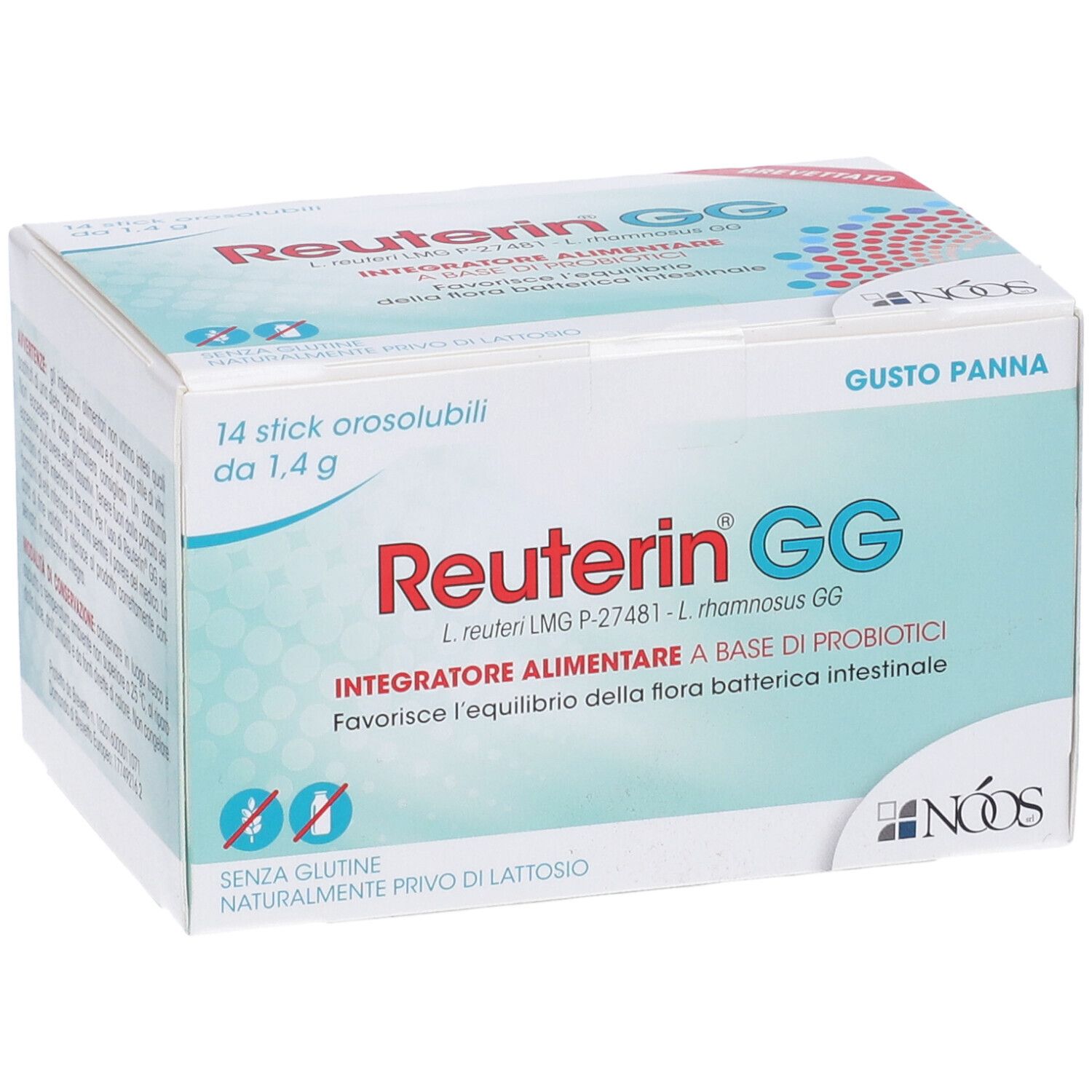Boîte Reuterin GG. 14 sticks de 1,4 g. Inscription : 'Integratore alimentare a base di probiotici'. Marque : NOOS.
