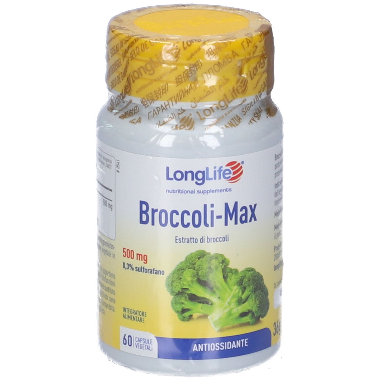 Flacon blanc avec couvercle jaune, étiquette Broccoli-Max. Contient 60 gélules. Illustration de brocoli.
