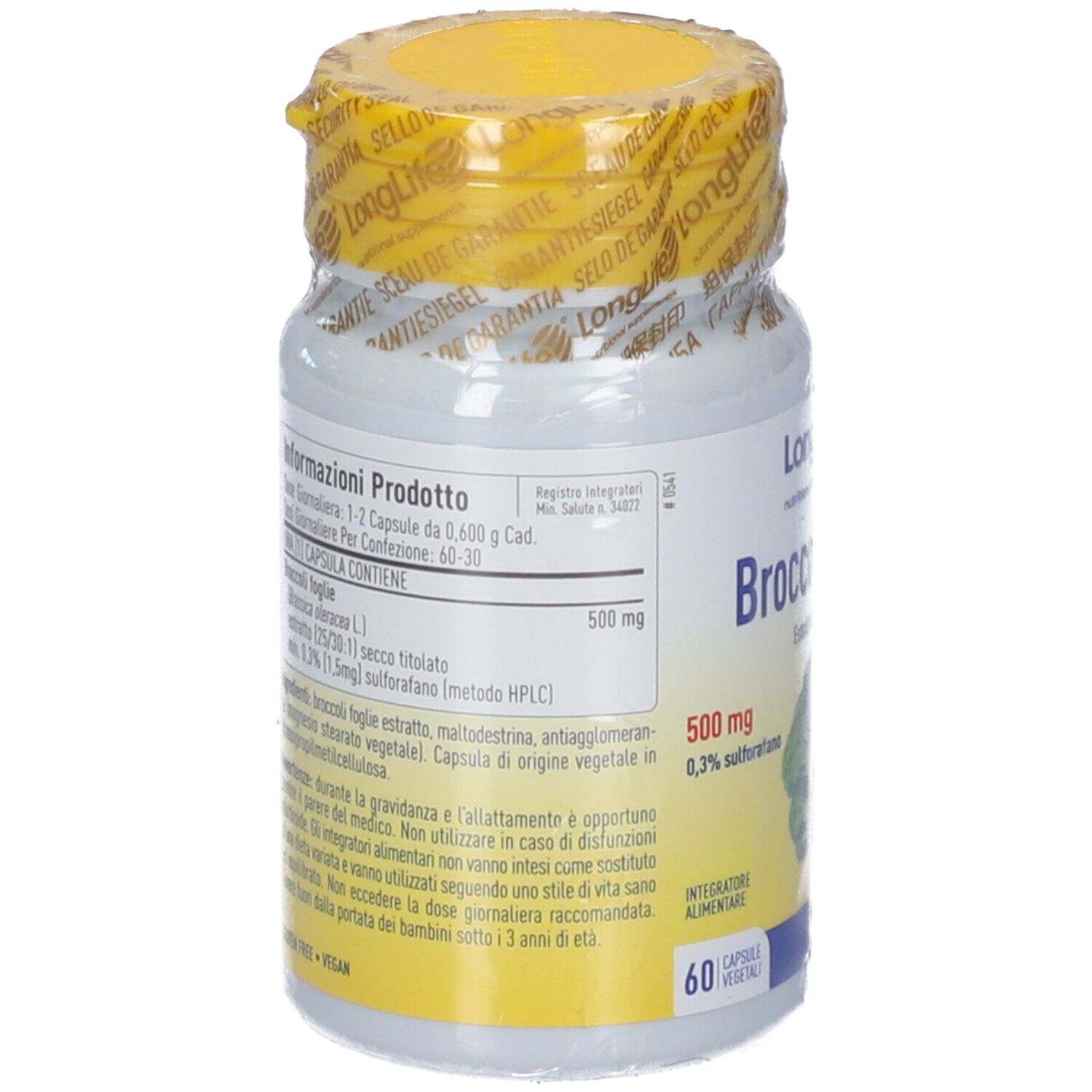 Dos du flacon avec informations produit. Couvercle jaune avec inscription. Contient 60 gélules.