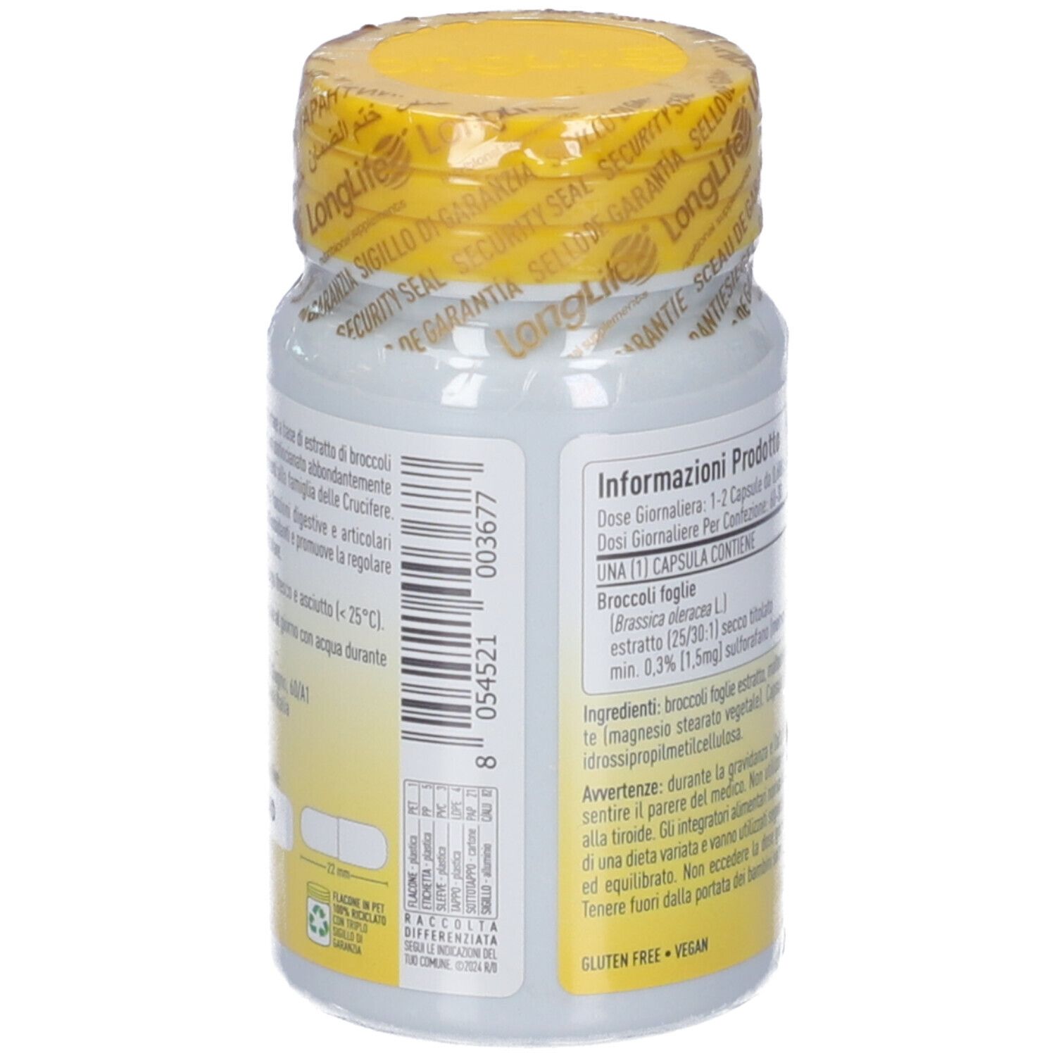 Dos du flacon avec informations produit. Couvercle jaune avec inscription. Sans gluten et végétalien.