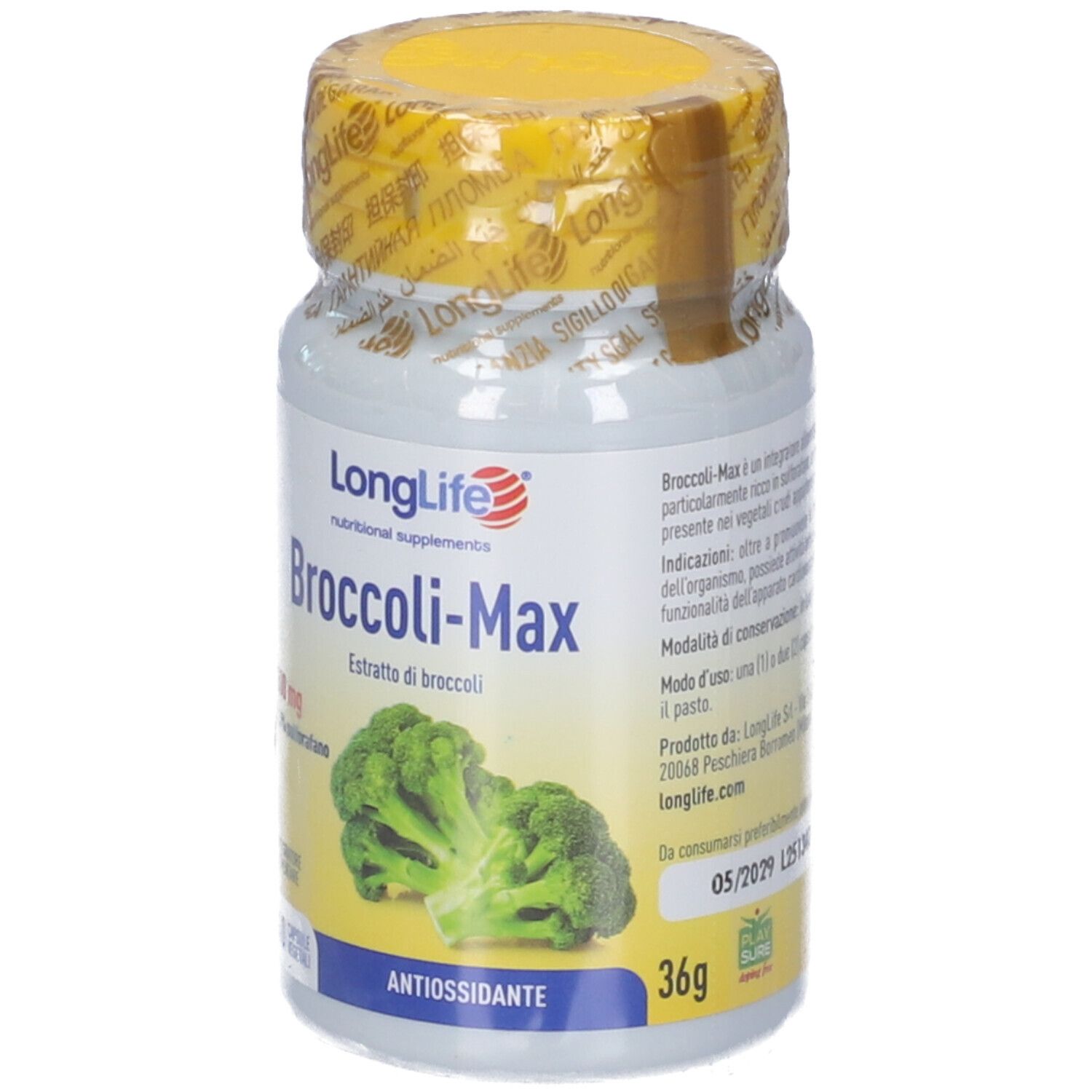 Flacon blanc avec couvercle jaune, étiquette Broccoli-Max. Contient 36g. Illustration de brocoli.