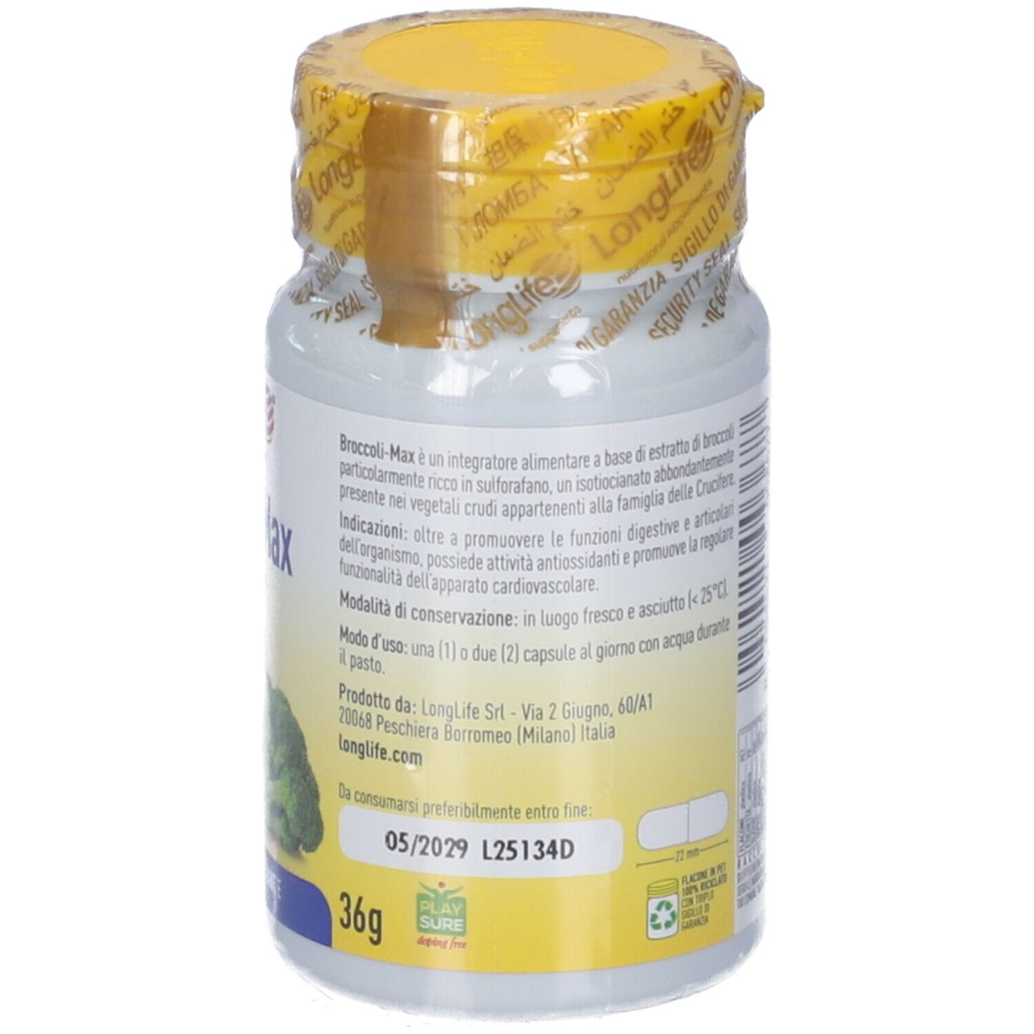 Dos du flacon avec informations produit. Couvercle jaune avec inscription. Contient 36g.