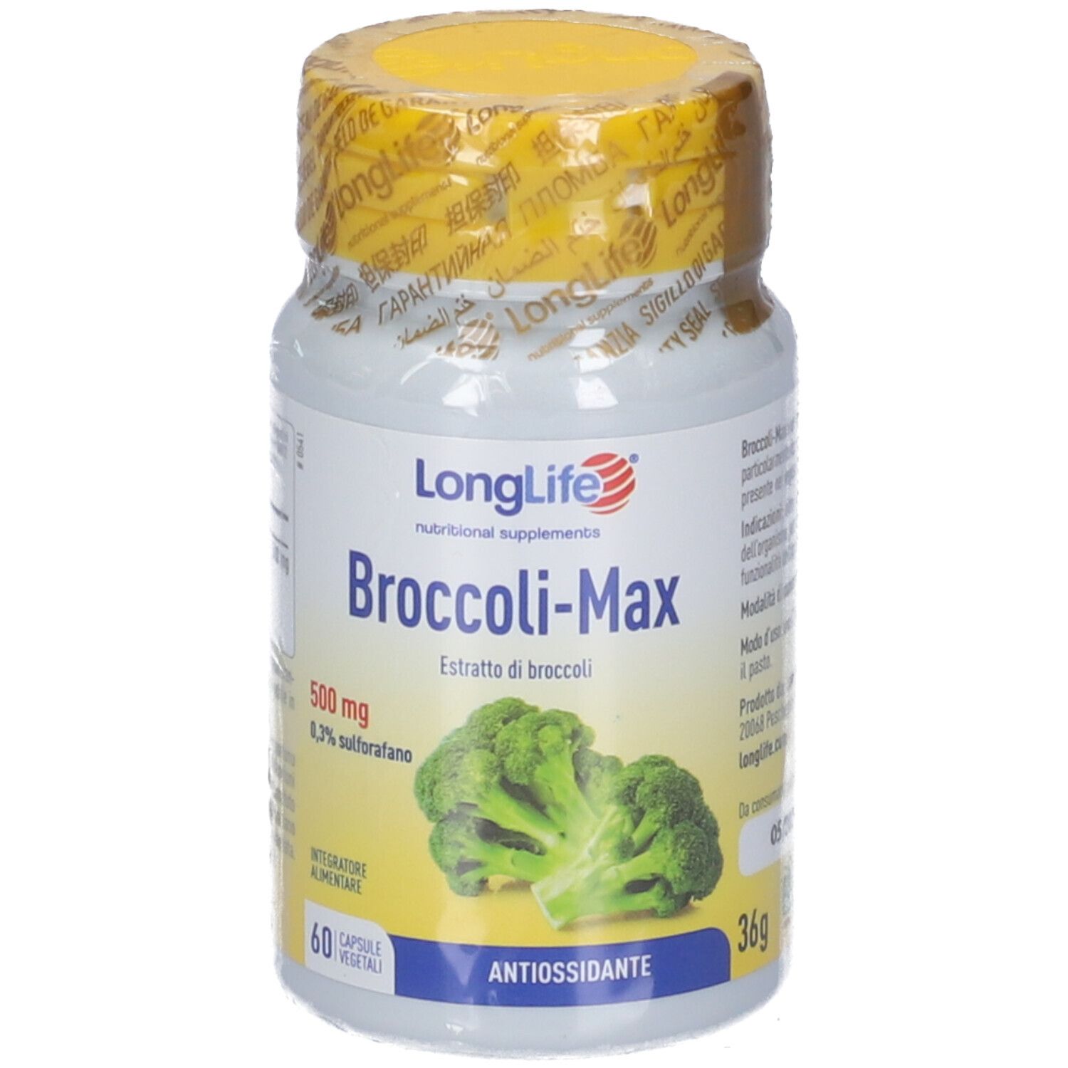 Flacon blanc avec couvercle jaune, étiquette Broccoli-Max. Contient 60 gélules. Contient 36g.