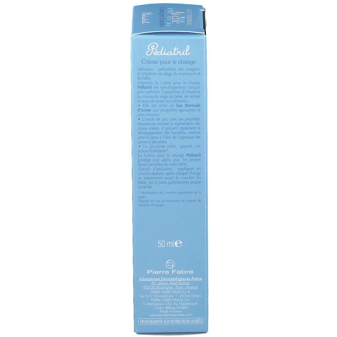 Dos d'une boîte bleu clair. Texte multilingue. Inscription: Pédiatril. 50 ml. Logo Pierre Fabre.