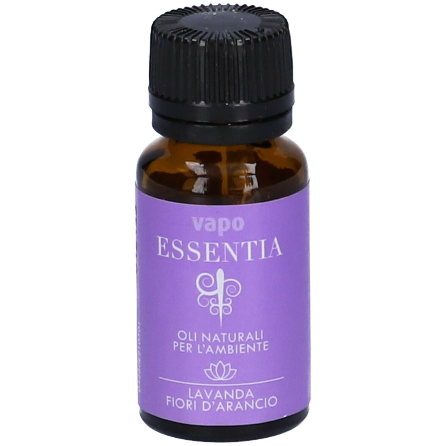 Braune Glasflasche mit schwarzem Deckel. Lila Etikett mit "vapo essentia" und "Lavanda fiori d'arancio".
