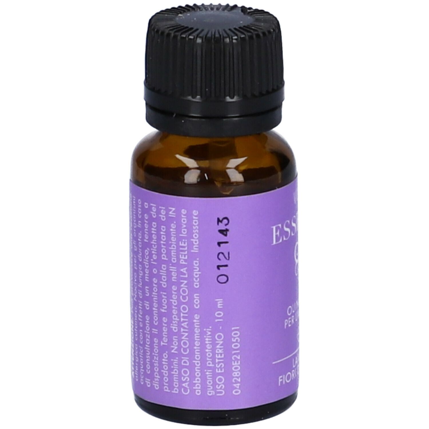 Braune Glasflasche mit schwarzem Deckel. Lila Etikett mit Text und "10 ml".