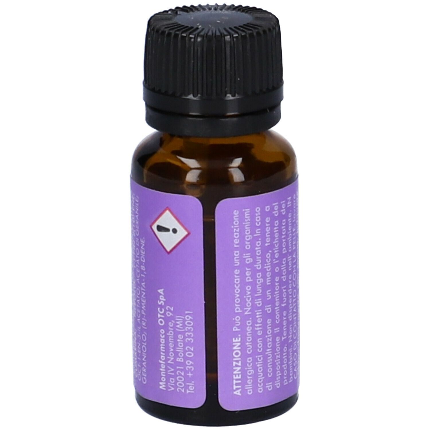 Braune Glasflasche mit schwarzem Deckel. Lila Etikett mit Text und einem Warnsymbol.