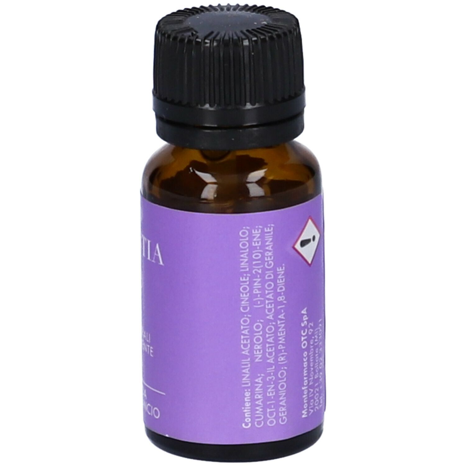 Braune Glasflasche mit schwarzem Deckel. Lila Etikett mit Inhaltsstoffen und Warnsymbol.