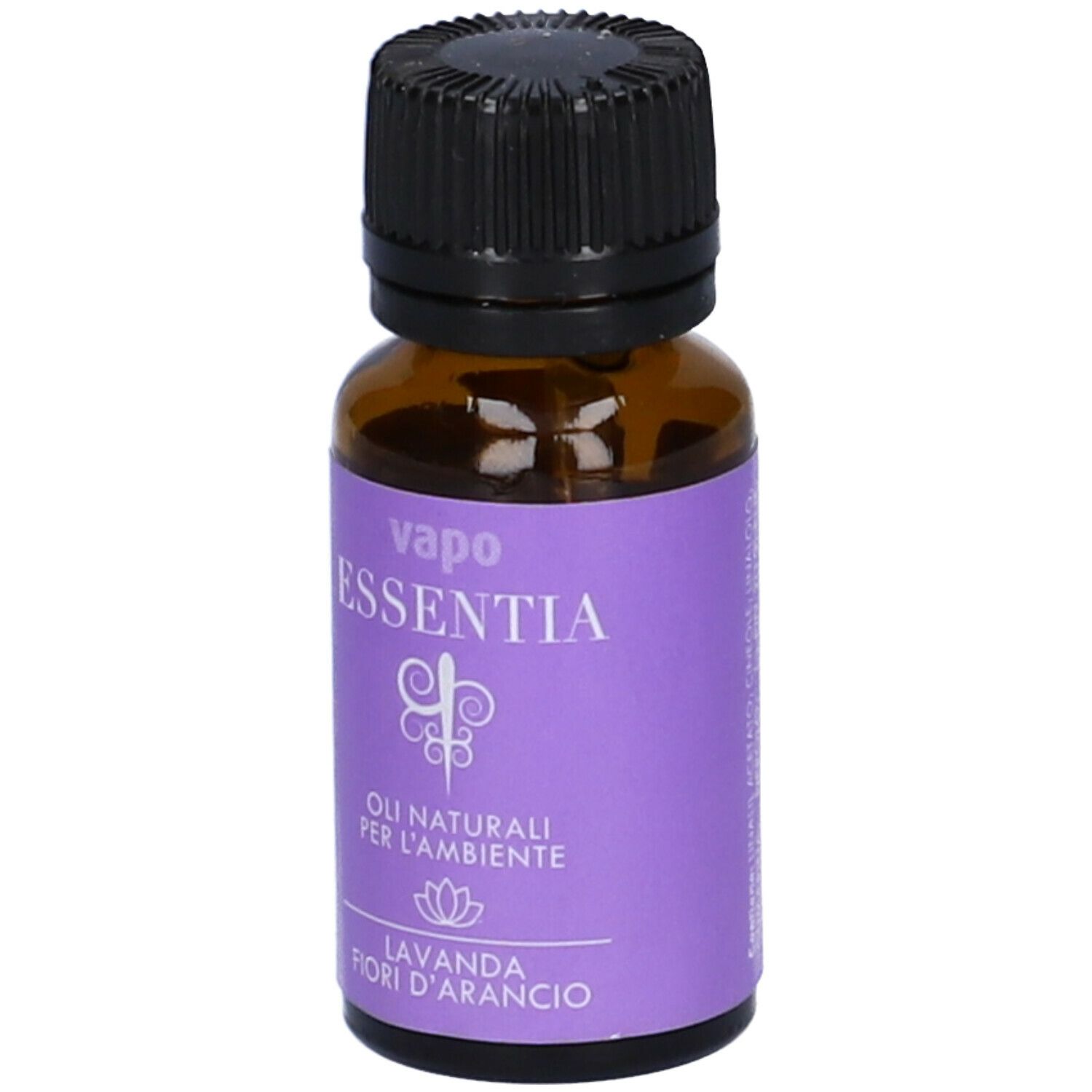Braune Glasflasche mit schwarzem Deckel. Lila Etikett mit "vapo essentia" und "Lavanda fiori d'arancio".