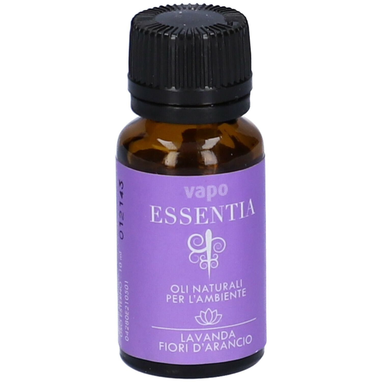 Braune Glasflasche mit schwarzem Deckel. Lila Etikett mit "vapo essentia" und "Lavanda fiori d'arancio".