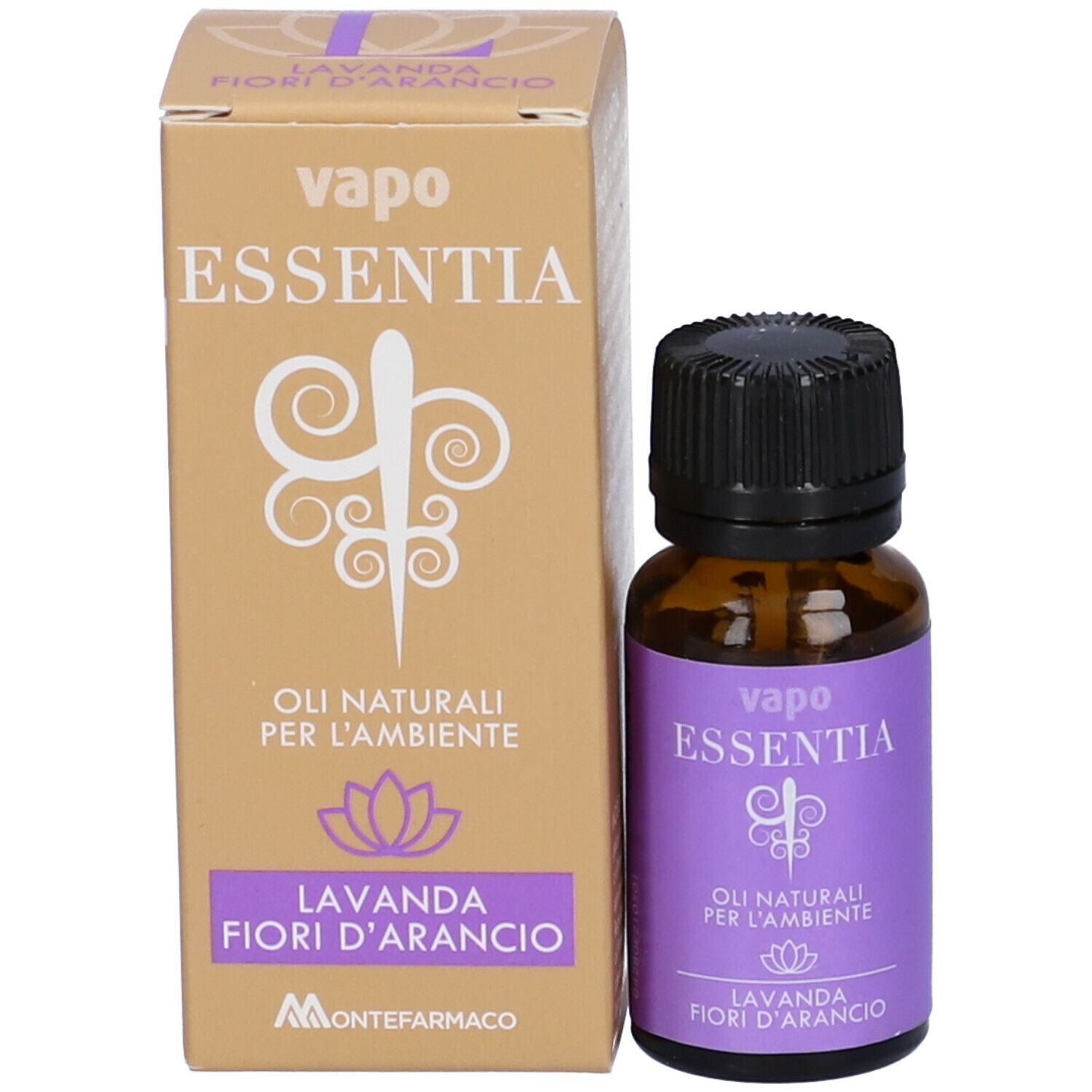 Braune Glasflasche mit schwarzem Deckel und Karton. Karton mit "vapo essentia" und "Lavanda fiori d'arancio".