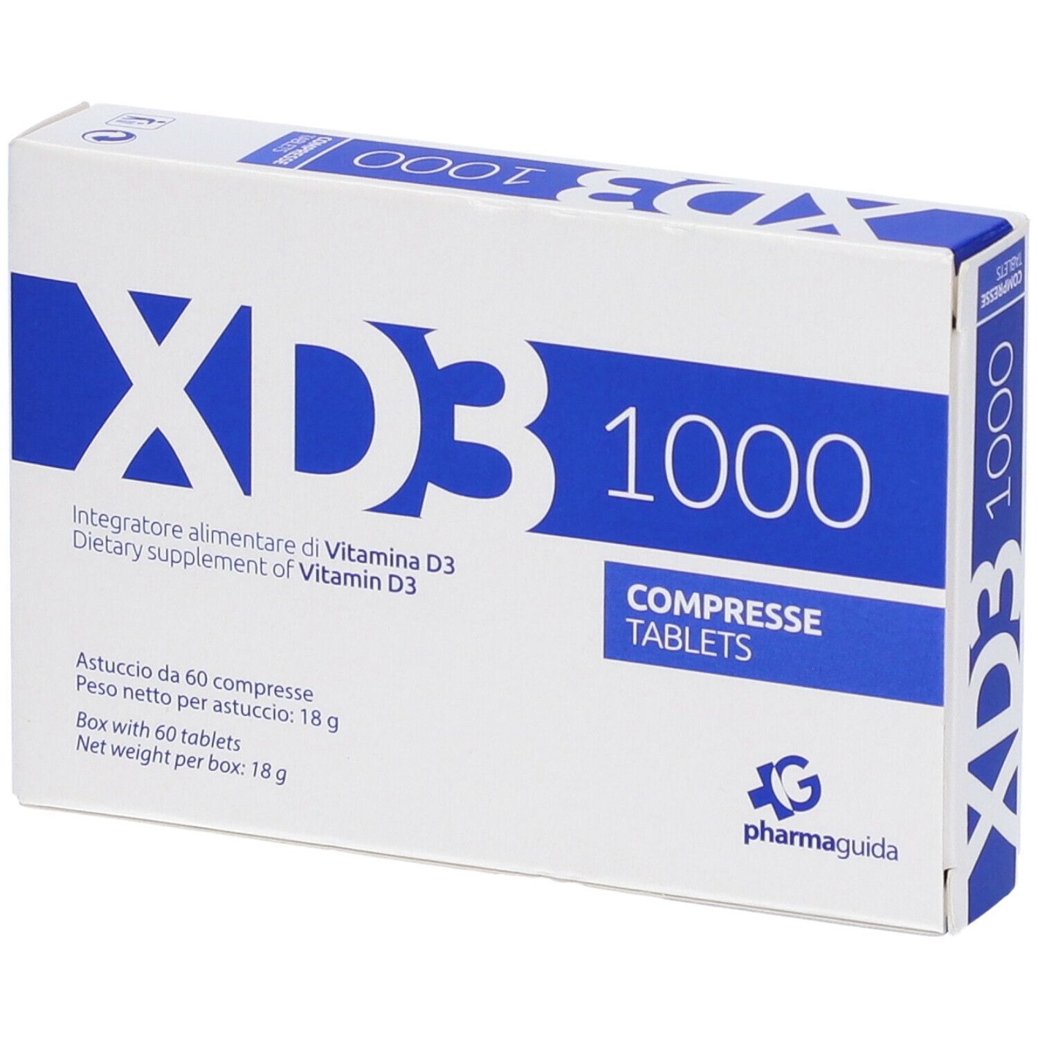Weiße Schachtel mit blauer Schrift. Aufschrift: XD3 1000, COMPRESSE TABLETS. Enthält 60 Tabletten. Marke: Pharmaguida.
