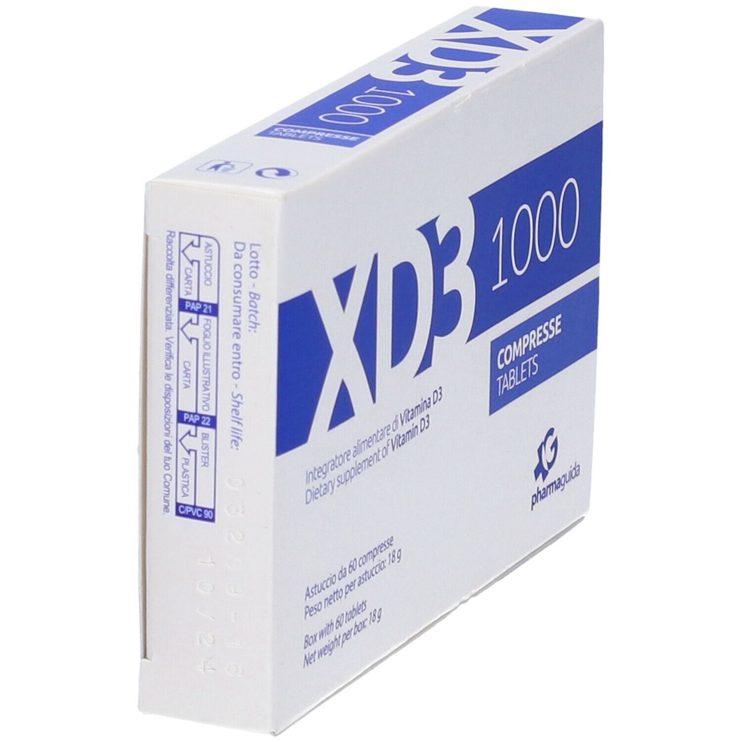 Weiße Schachtel mit blauer Schrift. Aufschrift: XD3 1000, COMPRESSE TABLETS. Enthält 60 Tabletten. Marke: Pharmaguida.