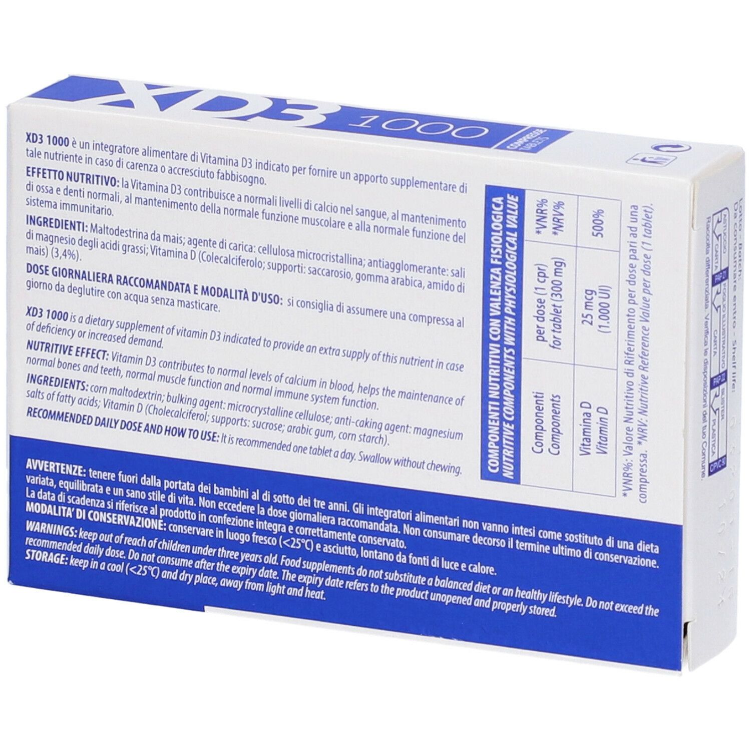 Weiße Schachtel mit blauer Schrift. Aufschrift: XD3 1000, COMPRESSE TABLETS. Enthält 60 Tabletten. Marke: Pharmaguida.
