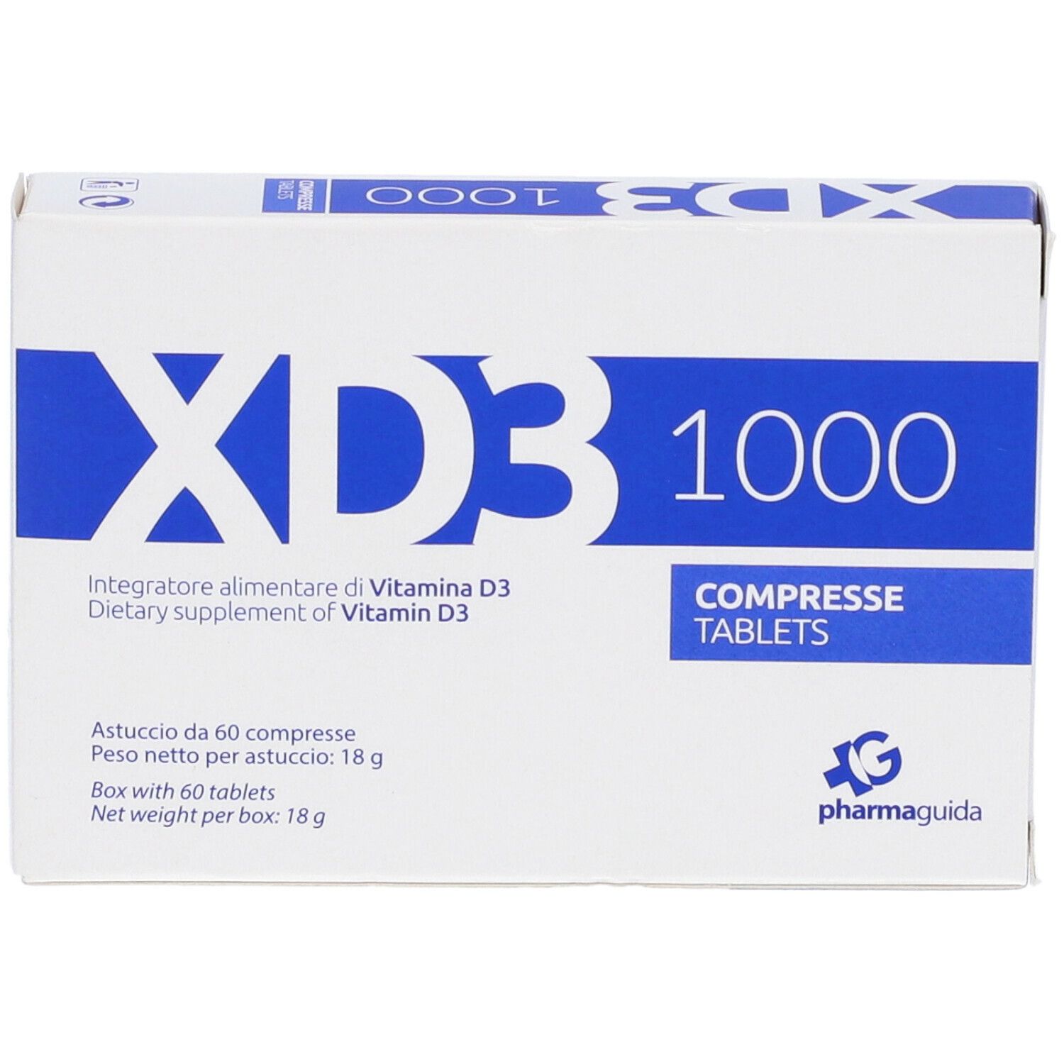 Rückseite der weißen Schachtel mit blauer Schrift. Enthält Informationen zu Inhaltsstoffen und Dosierung. Marke: Pharmaguida.