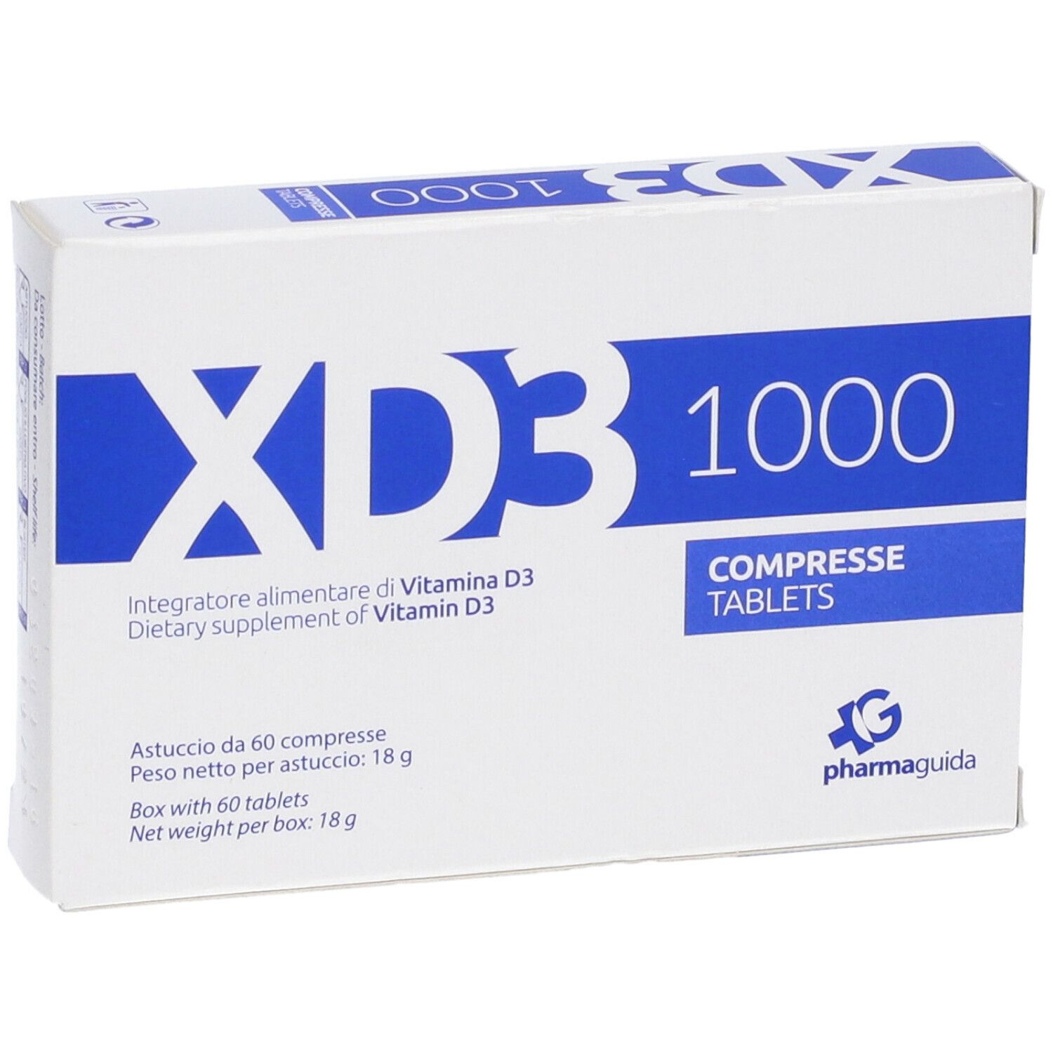 Weiße Schachtel mit blauer Schrift. Aufschrift: XD3 1000, COMPRESSE TABLETS. Enthält 60 Tabletten. Marke: Pharmaguida.