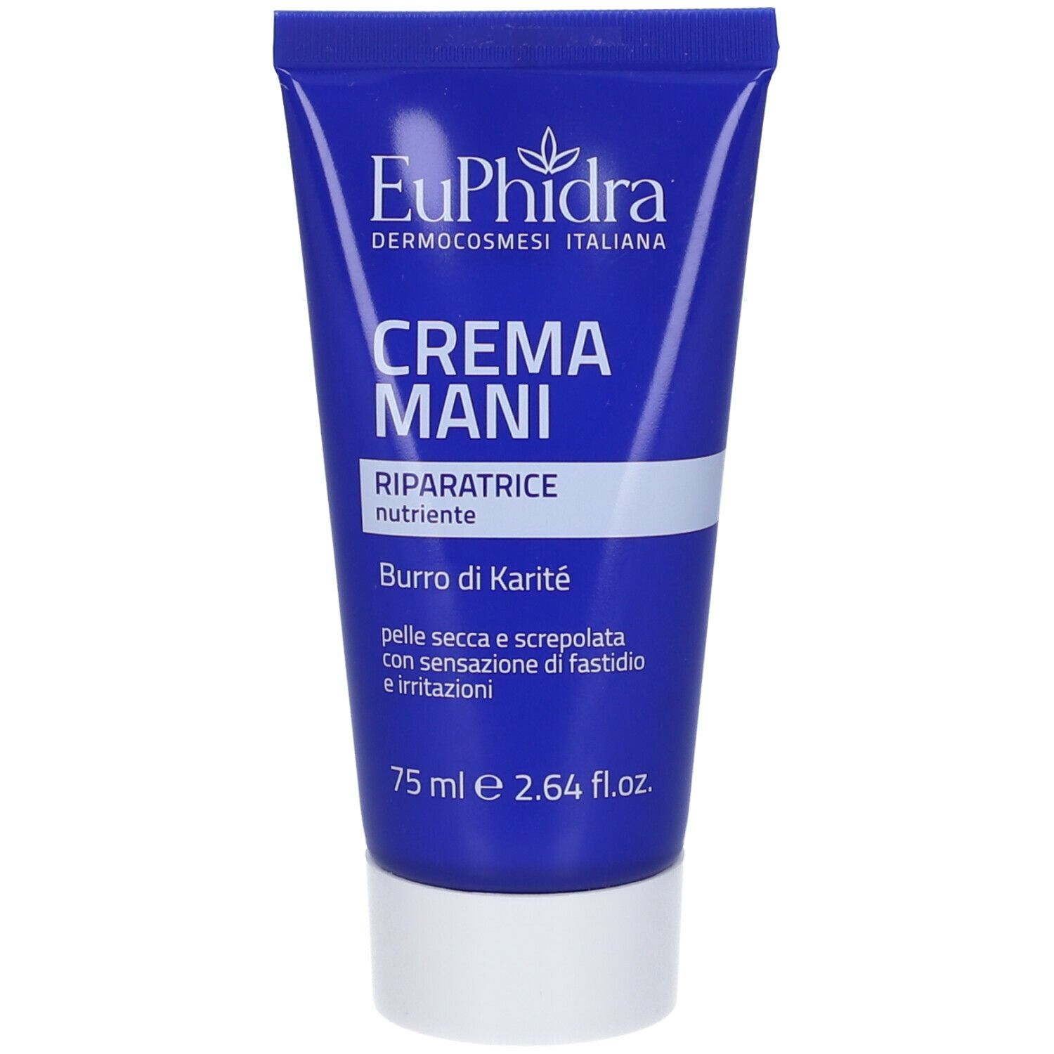 Tube bleue avec bouchon blanc. Inscription: EuPhidra, Crema Mani, Riparatrice. Contient du beurre de karité. 75 ml.