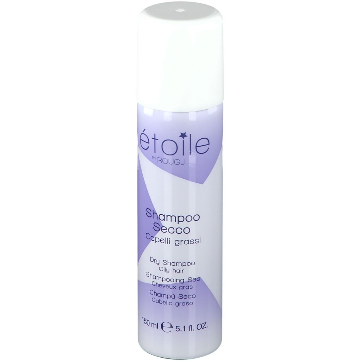 Spray de shampooing sec, bouchon blanc, accents violets. Texte : Étoile by Rougj, Shampooing Sec, 150 ml.