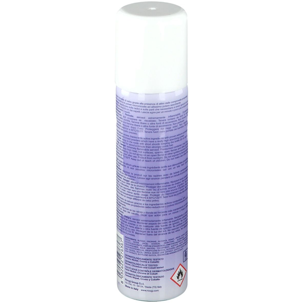 Spray de shampooing sec, dos avec texte. Bouchon blanc, accents violets. Avertissements et symboles.