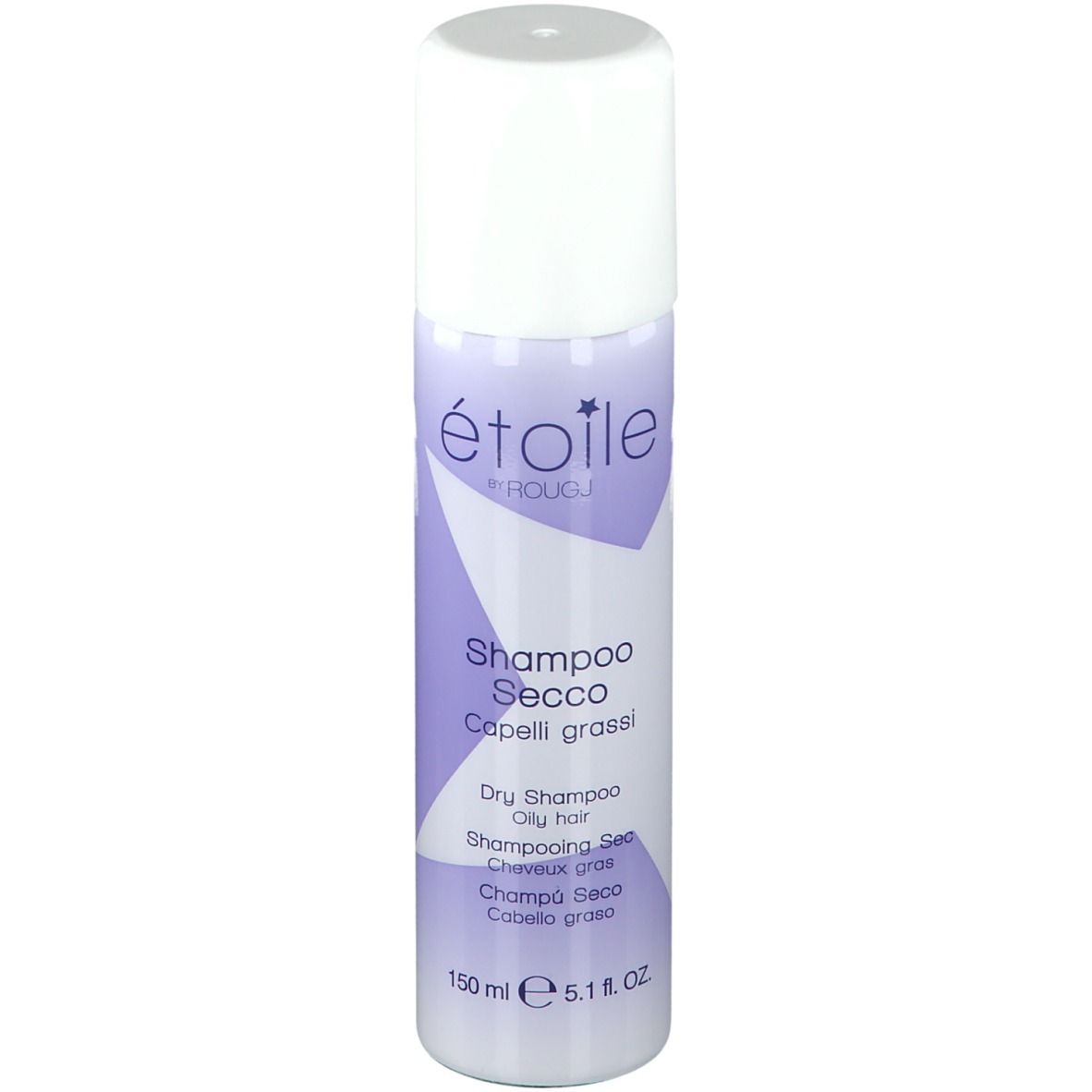 Spray de shampooing sec, bouchon blanc, accents violets. Texte : Étoile by Rougj, Shampooing Sec, 150 ml.