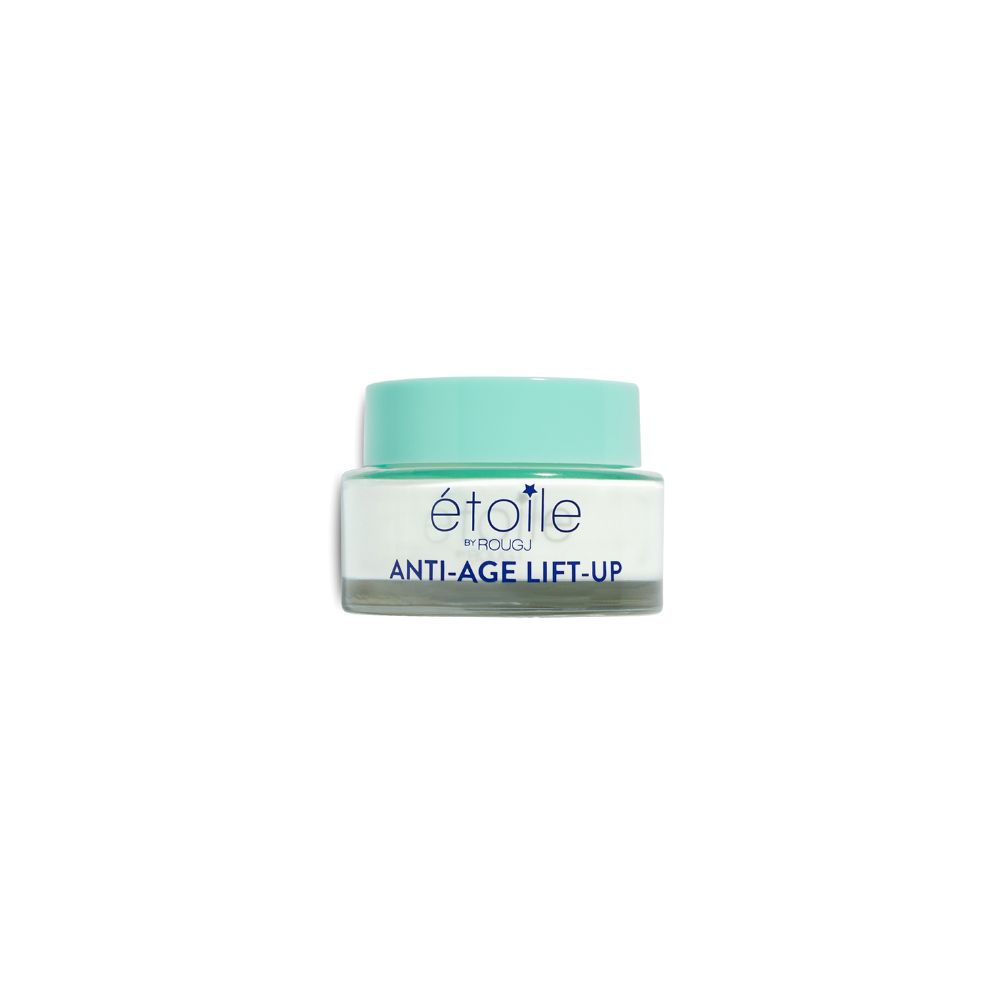 Pot de crème avec couvercle turquoise. Inscription : étoile by ROUGJ, ANTI-AGE LIFT-UP.