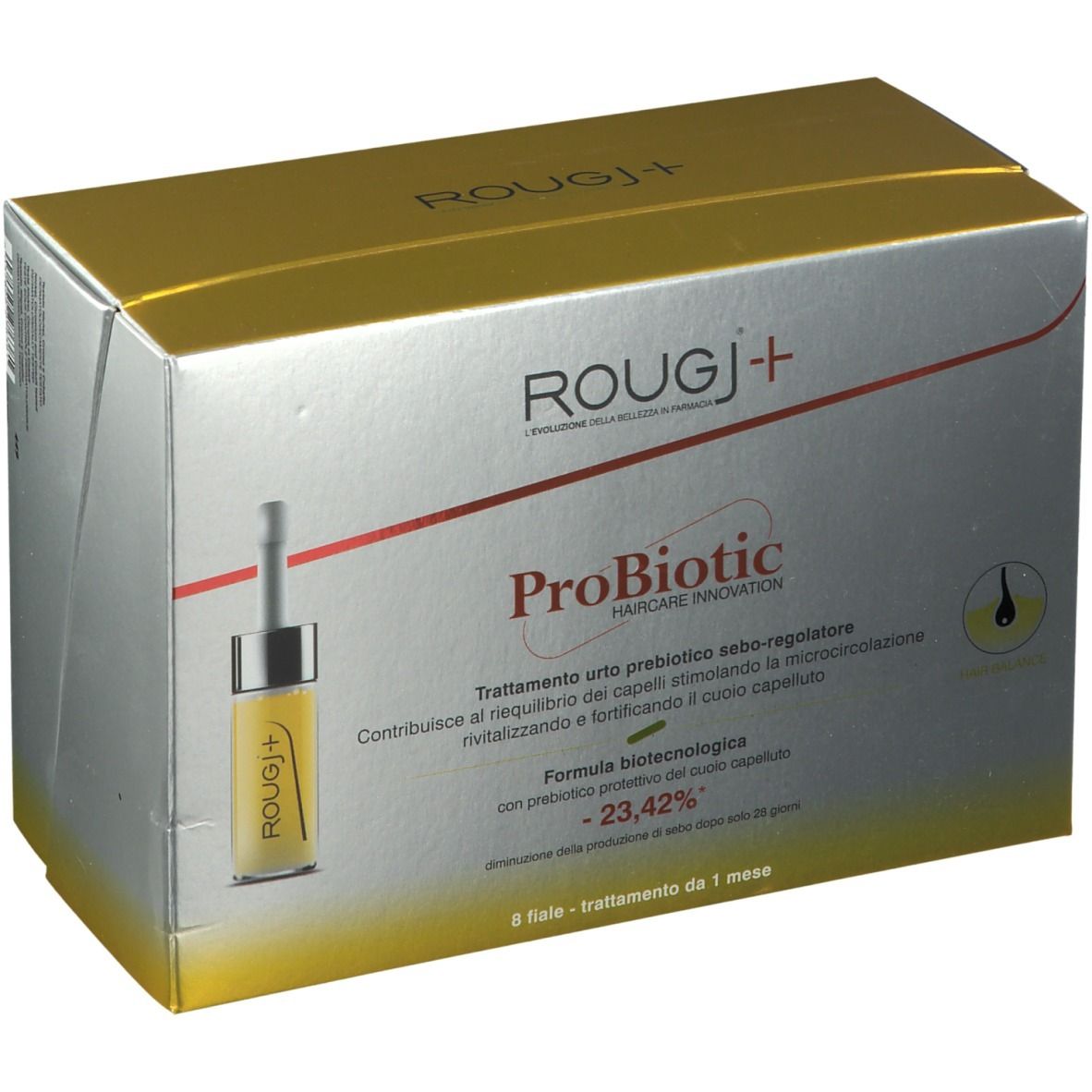 Schachtel mit ROUGJ+ ProBiotic Haarpflege. Gold- und silberfarben. Enthält Ampulle mit Flüssigkeit.