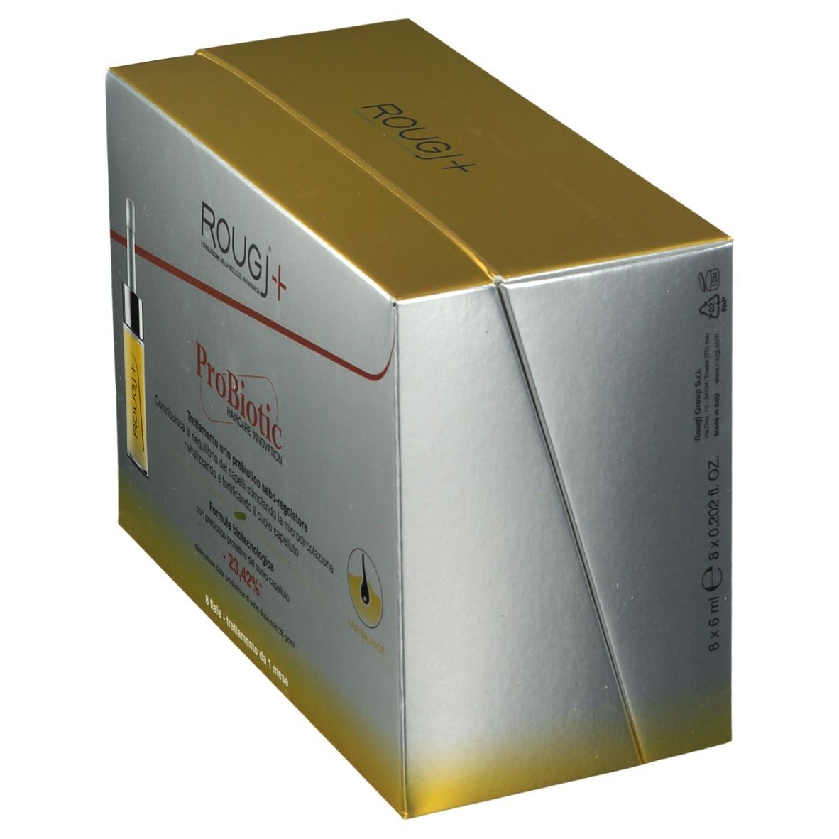 Schachtel ROUGJ+ ProBiotic Haarpflege. Gold- und silberfarben. Seitenansicht mit Produktnamen.