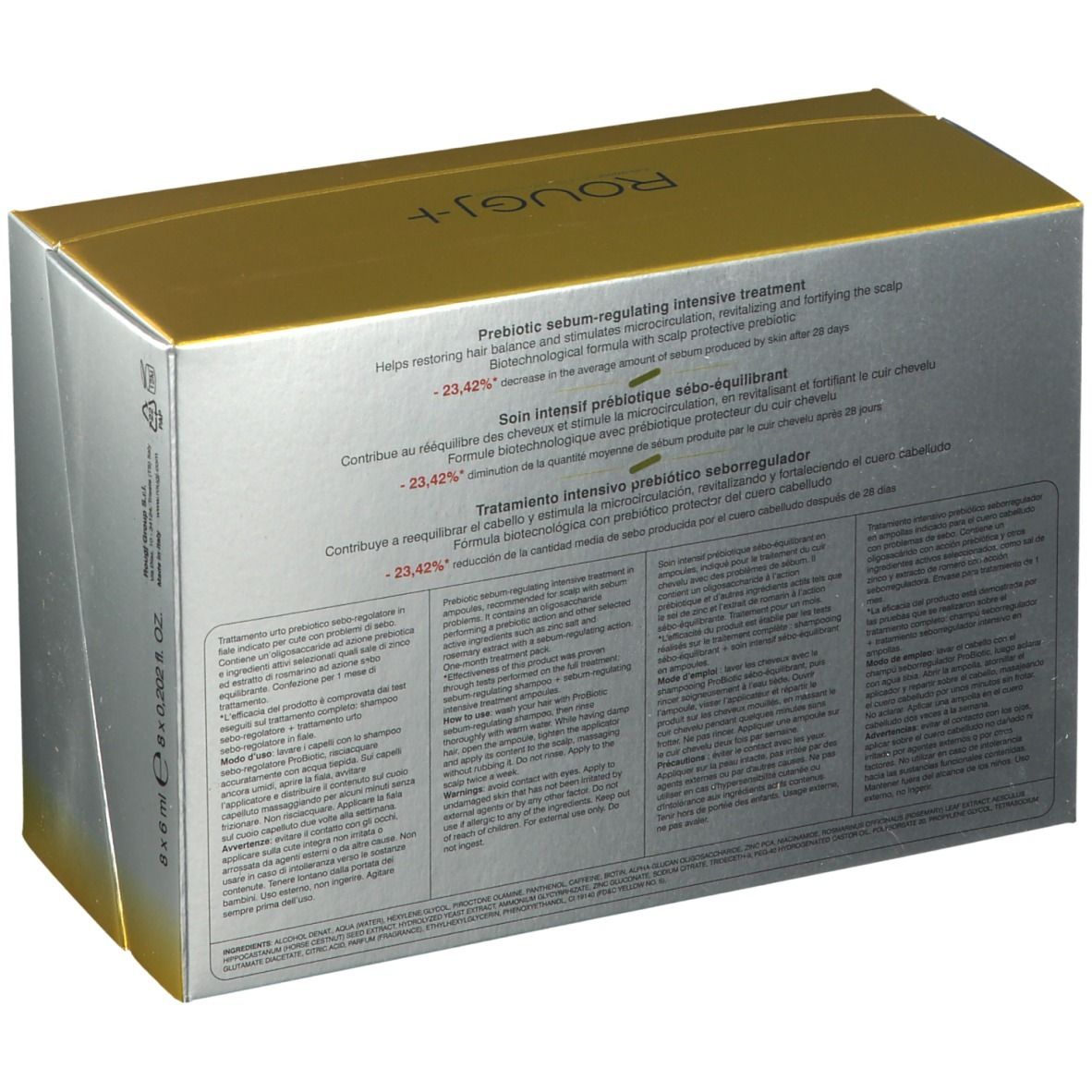Rückseite der Schachtel ROUGJ+ ProBiotic Haarpflege. Text in mehreren Sprachen. Gold- und silberfarben.