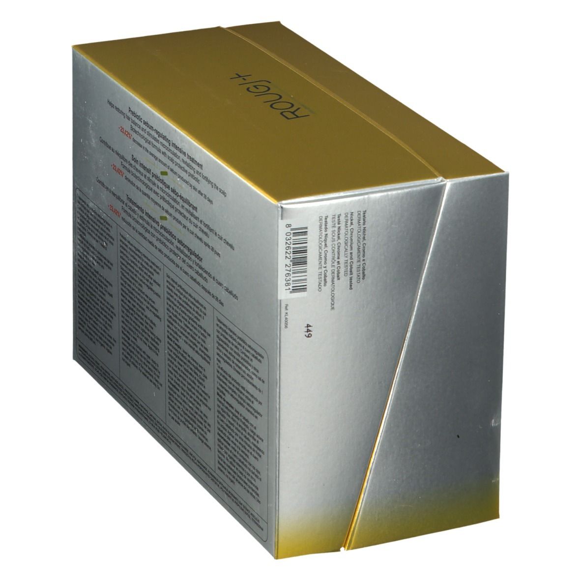 Schachtel ROUGJ+ ProBiotic Haarpflege. Gold- und silberfarben. Seitenansicht mit Barcode.
