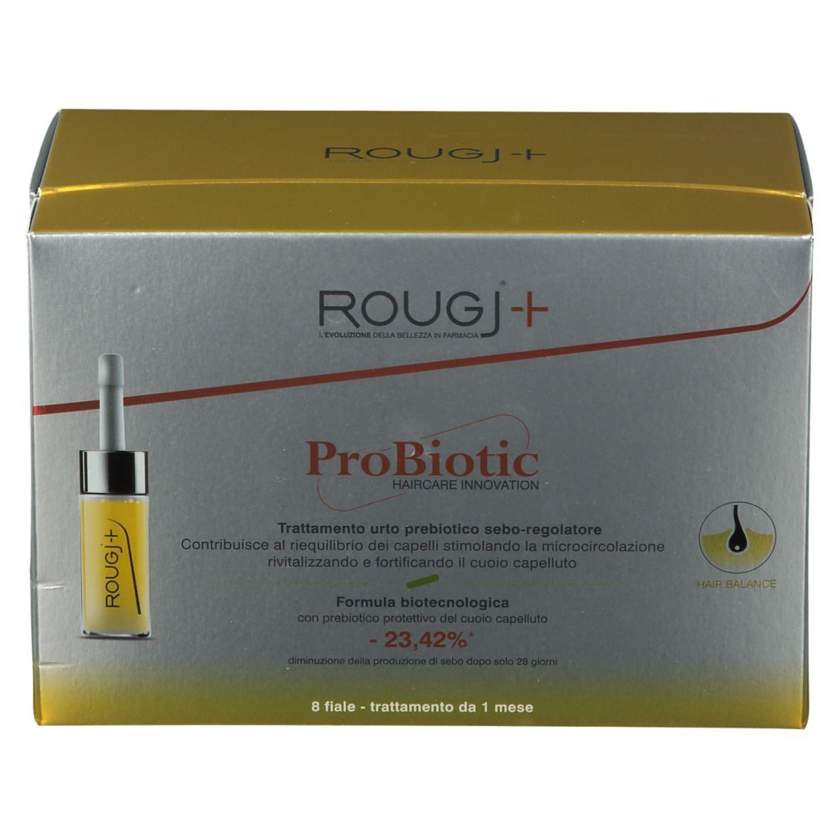 Schachtel ROUGJ+ ProBiotic Haarpflege. Gold- und silberfarben. Enthält Ampulle mit Flüssigkeit.