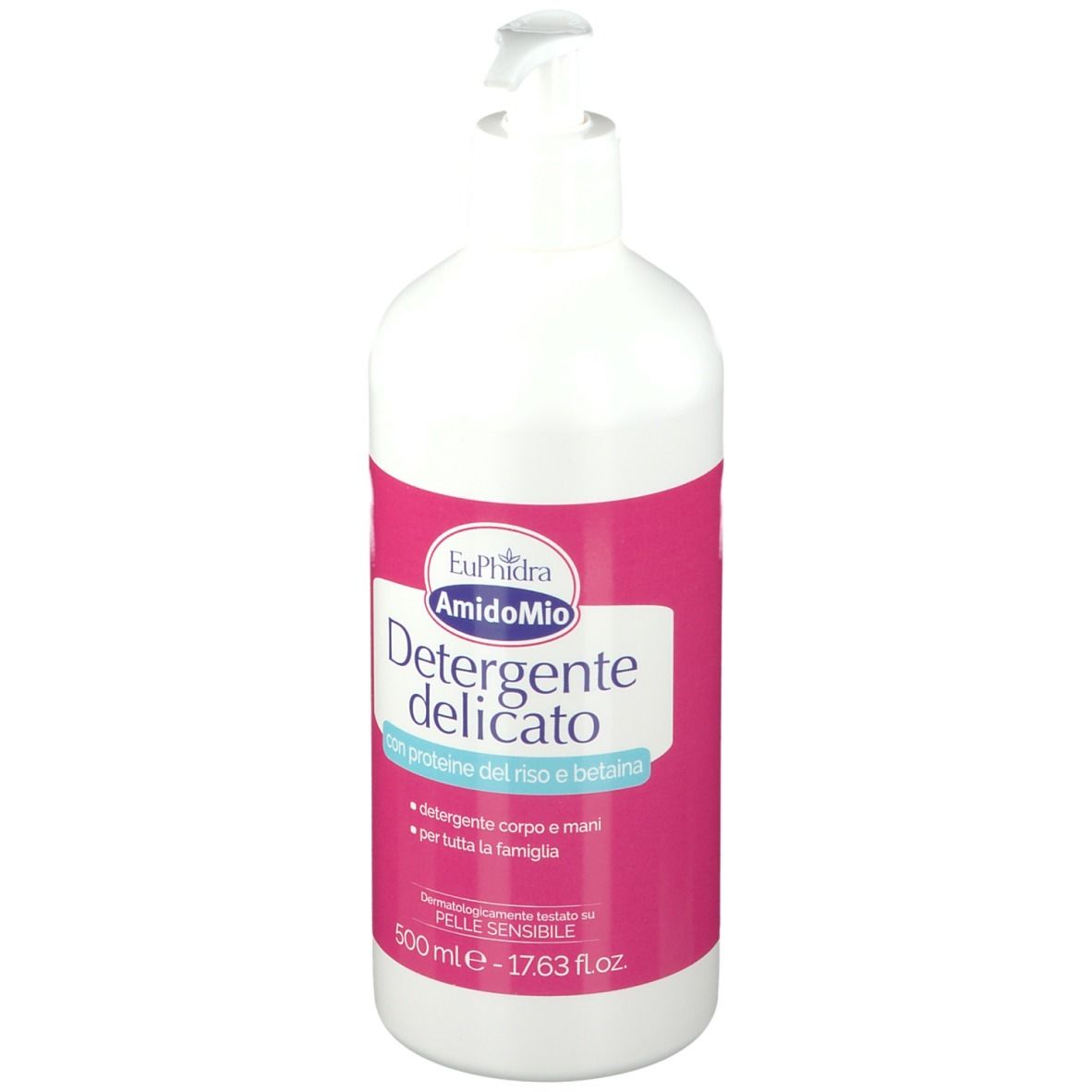 Weiße Flasche mit rosa Etikett. Aufschrift: EuPhidra AmidoMio Detergente delicato. Mit Spender.
