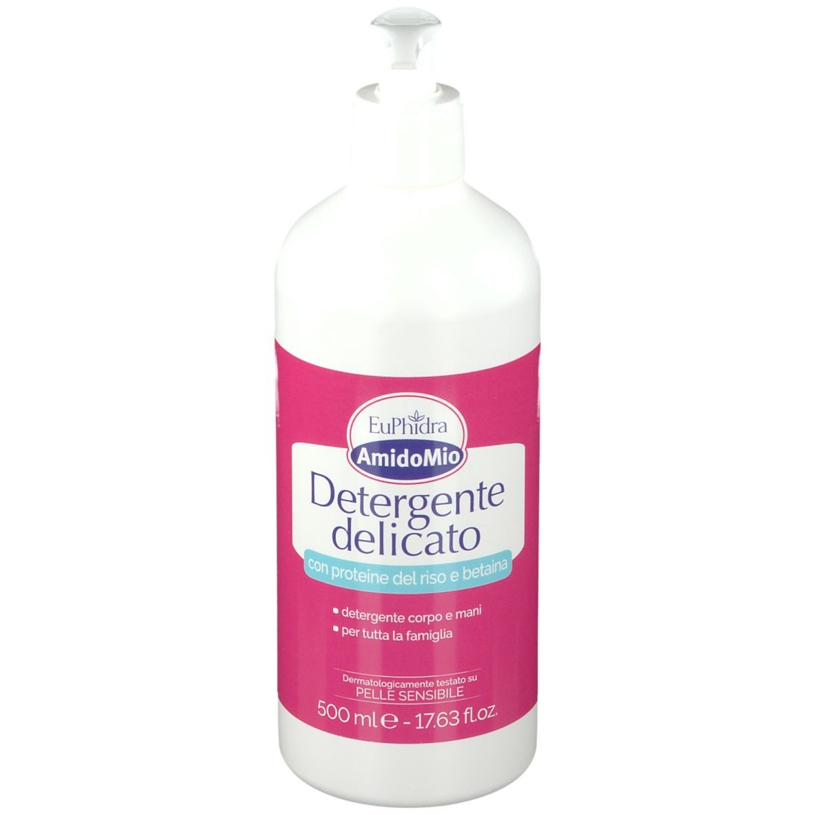 Weiße Flasche, rosa Etikett. Text: EuPhidra AmidoMio Detergente delicato. Mit Spender.