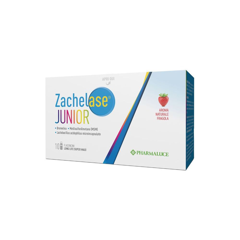 Boîte Zachelase Junior, 10 flacons, arôme fraise. Contient bromélaïne, MSM et Lactobacillus. Logo Pharmaluce.