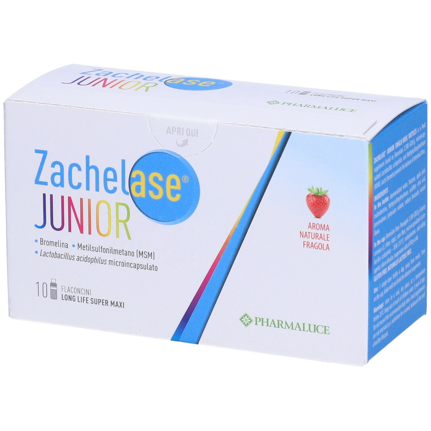 Boîte Zachelase Junior, 10 flacons, arôme fraise. Contient bromélaïne, MSM et Lactobacillus. Logo Pharmaluce.