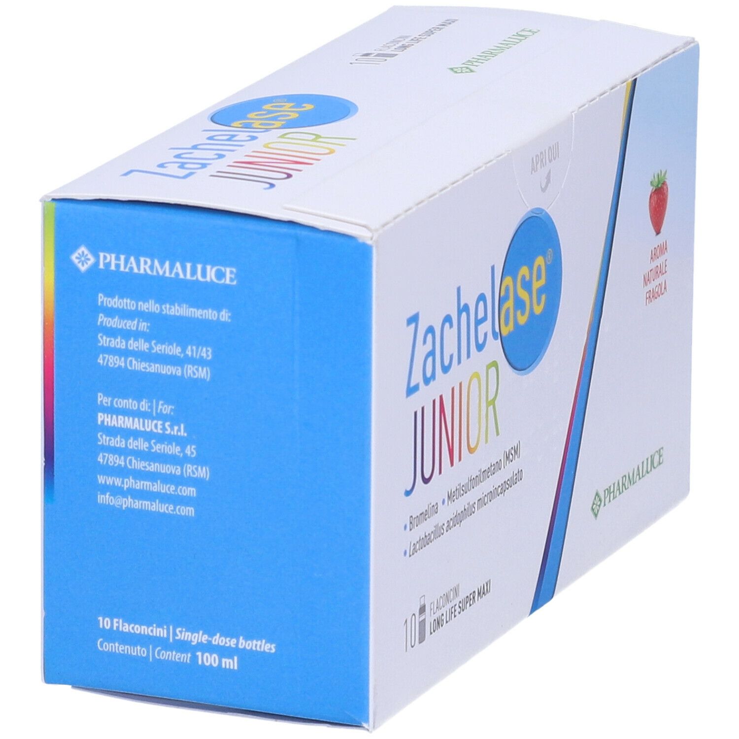 Boîte Zachelase Junior, 10 flacons, arôme fraise. Contient bromélaïne, MSM et Lactobacillus. Logo Pharmaluce.