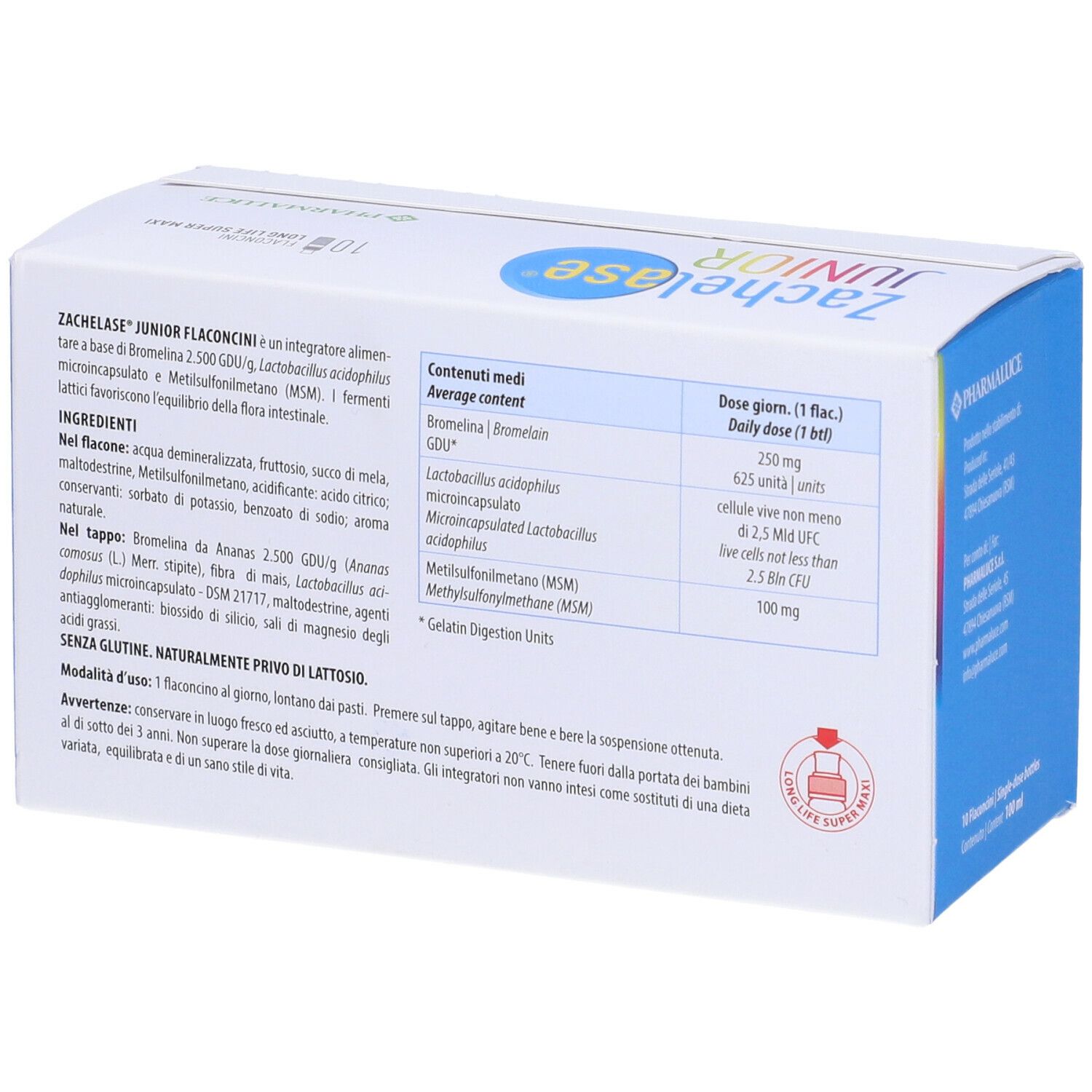 Dos de la boîte Zachelase Junior. Informations sur les ingrédients, le dosage et le fabricant.