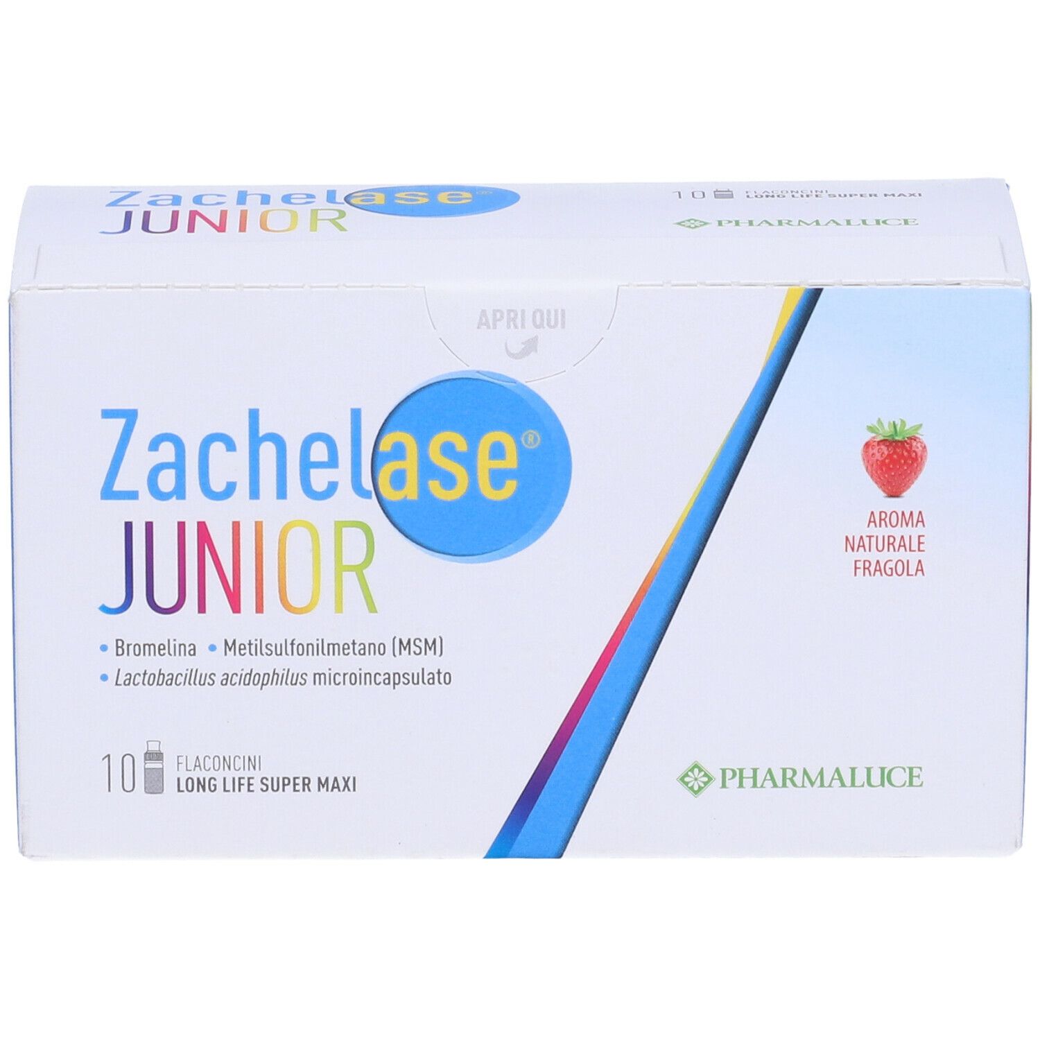 Boîte Zachelase Junior, 10 flacons, arôme fraise. Contient bromélaïne, MSM et Lactobacillus. Logo Pharmaluce.