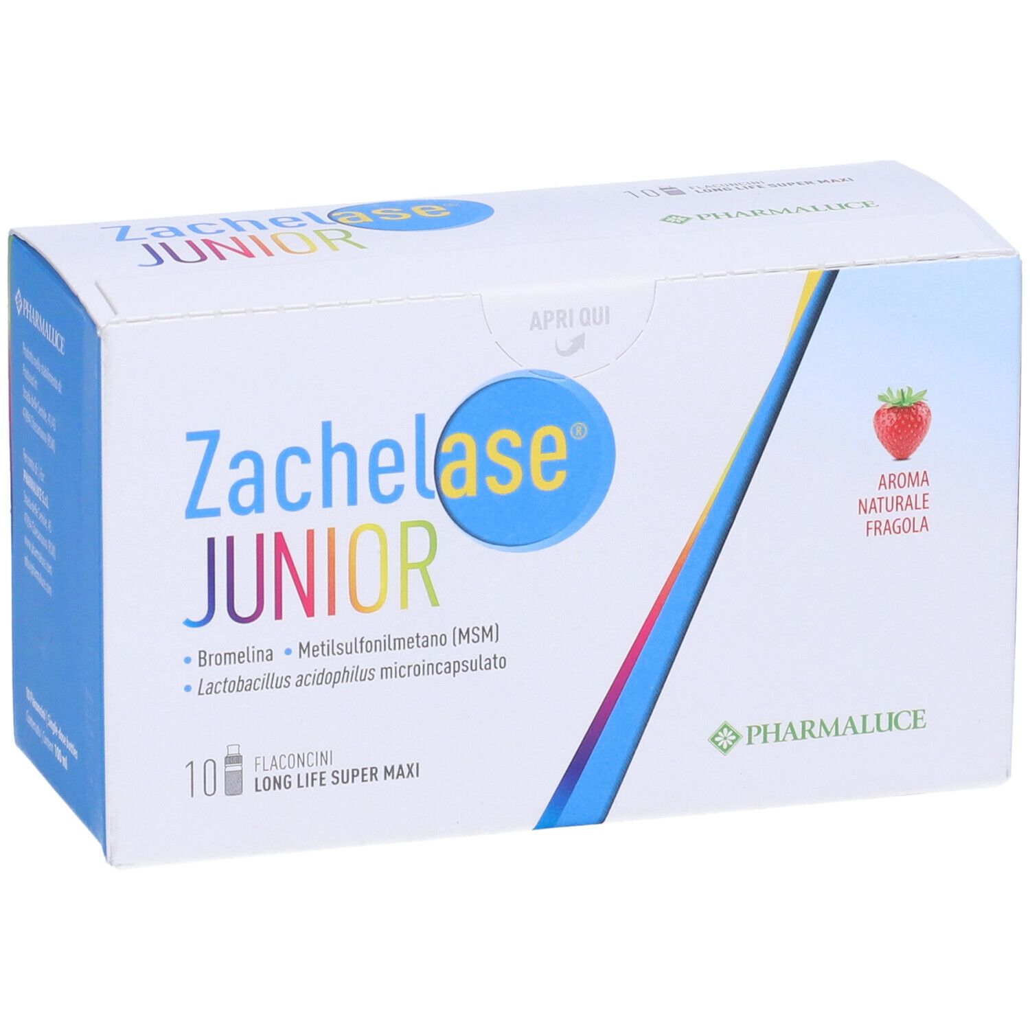 Boîte Zachelase Junior, 10 flacons, arôme fraise. Contient bromélaïne, MSM et Lactobacillus. Logo Pharmaluce.