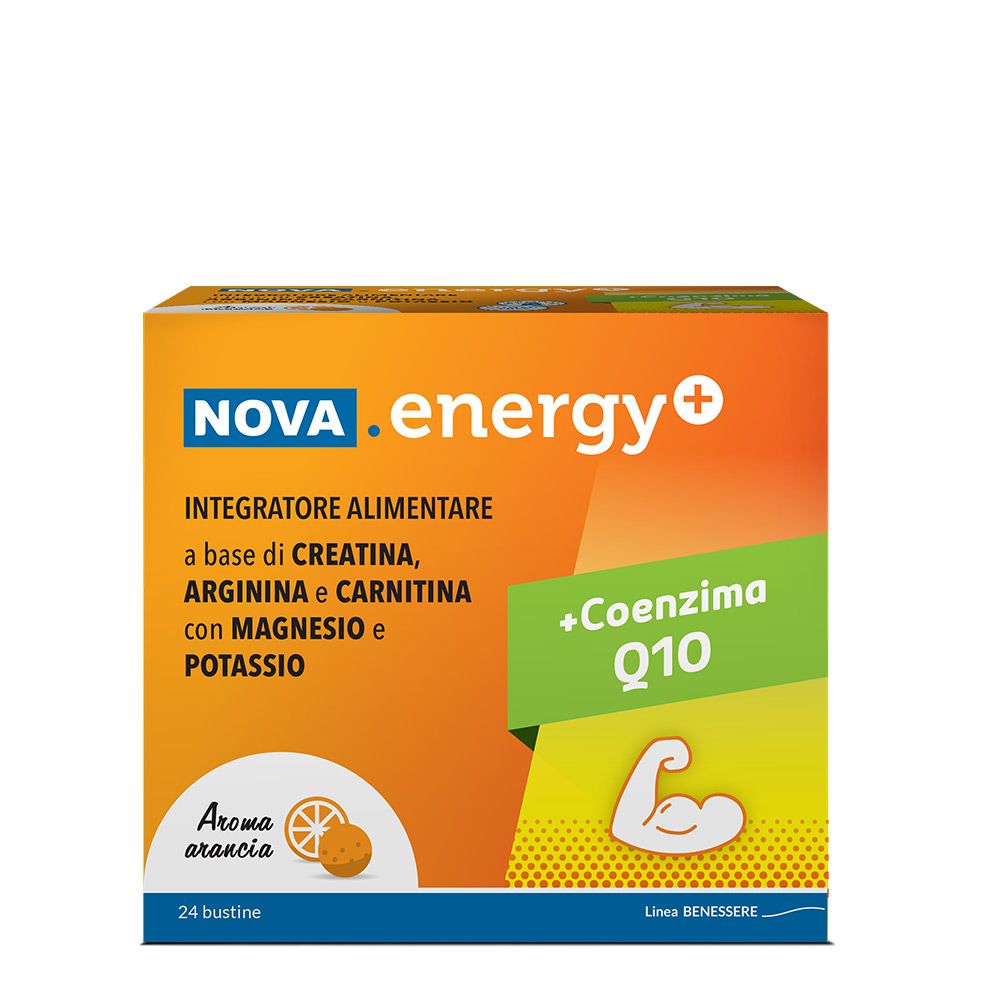 Nahrungsergänzungsmittel NOVA.energy+ in einer Schachtel. Enthält 24 Beutel. Aufschrift: +Coenzima Q10, Aroma arancia.