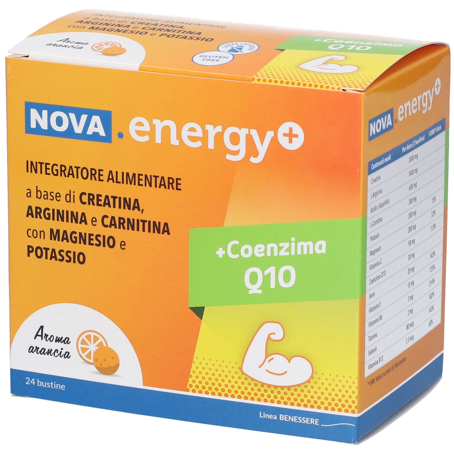 NOVA.energy+ Nahrungsergänzungsmittel-Schachtel. Aufschrift: +Coenzima Q10, Aroma arancia, 24 Beutel. Enthält Kreatin, Arginin, Carnitin.