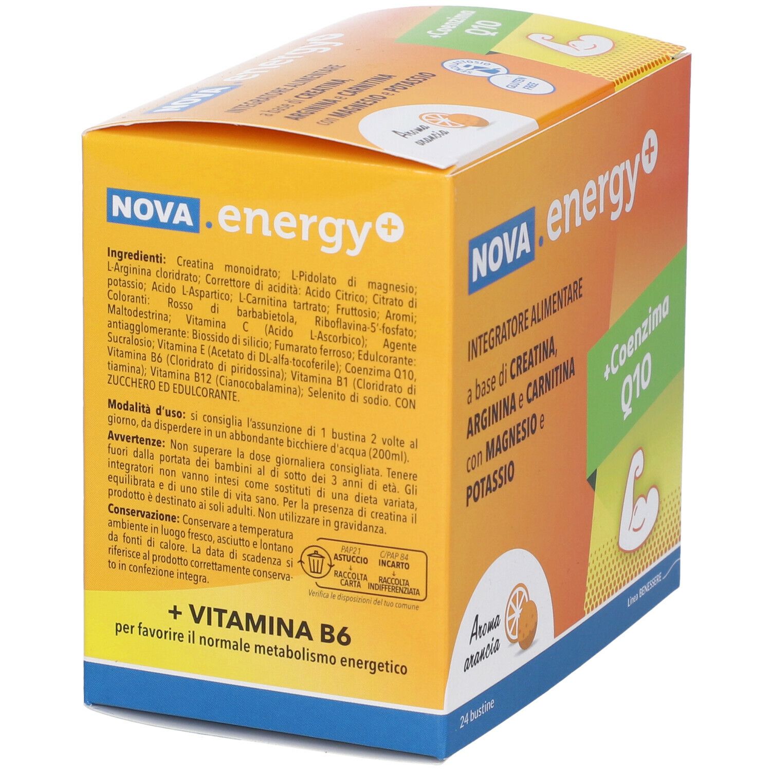 NOVA.energy+ Nahrungsergänzungsmittel-Schachtel. Aufschrift: +Coenzima Q10, Aroma arancia, 24 Beutel. Enthält Vitamin B6.