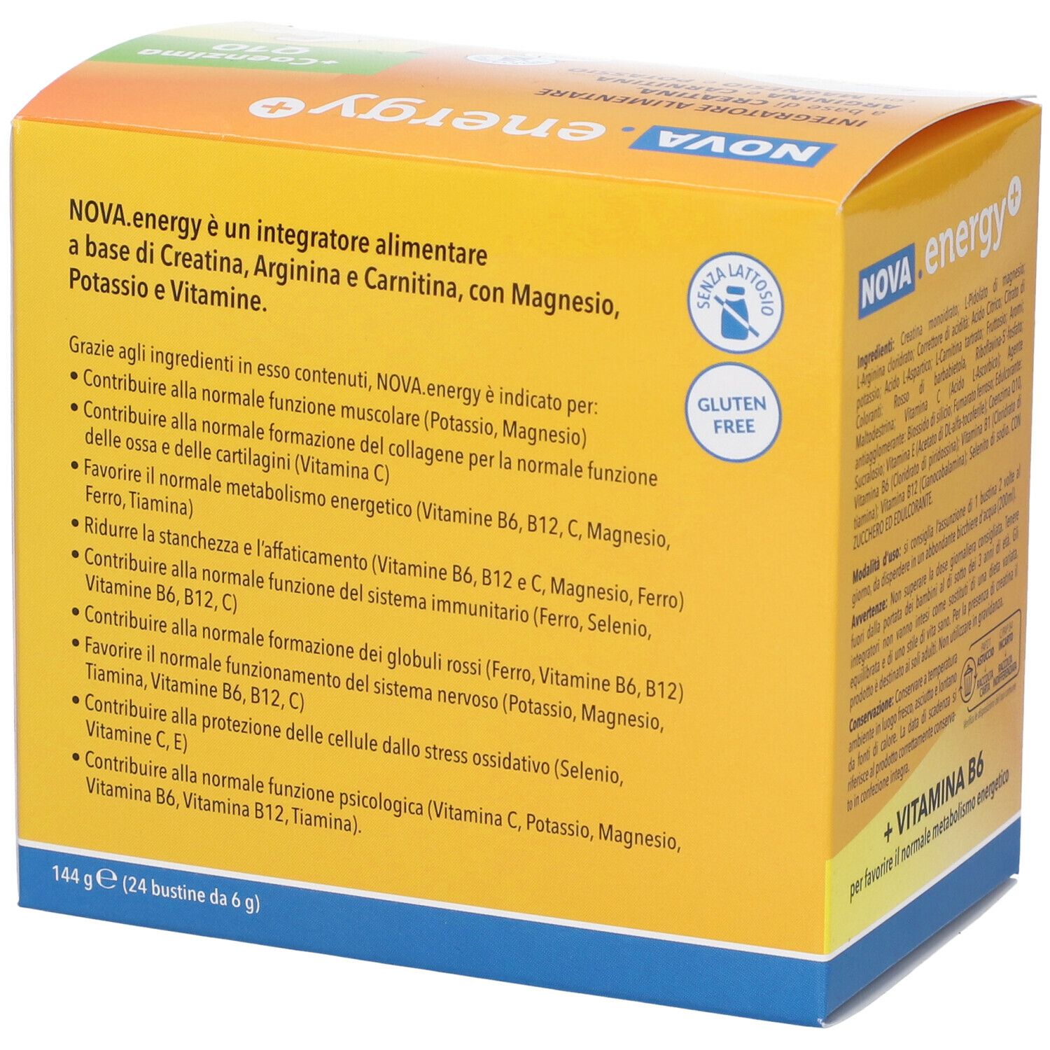 Rückseite der NOVA.energy+ Schachtel. Enthält Informationen zu Inhaltsstoffen, Dosierung und Nährwerten. Glutenfrei.