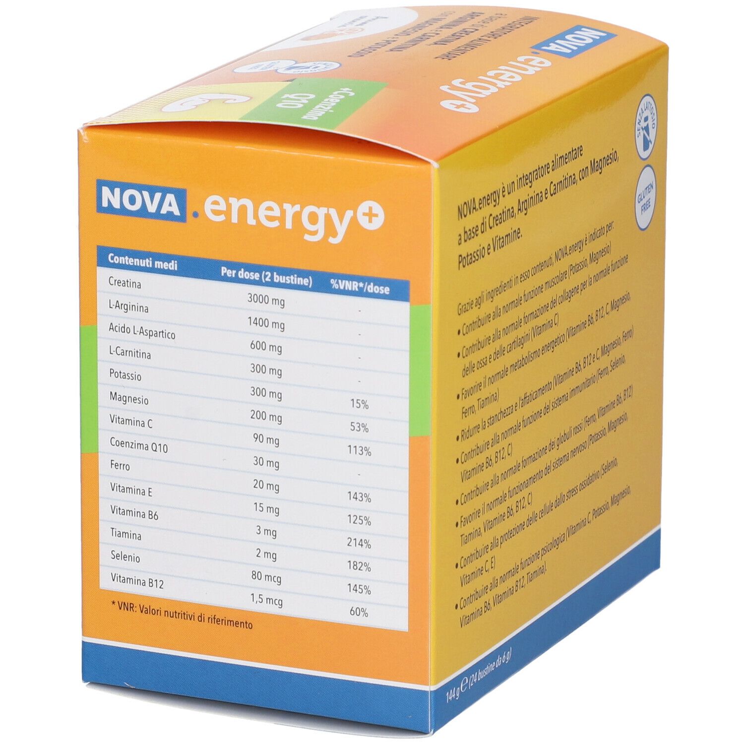 Rückseite der NOVA.energy+ Schachtel. Enthält Informationen zu Inhaltsstoffen und Nährwerten. Glutenfrei.