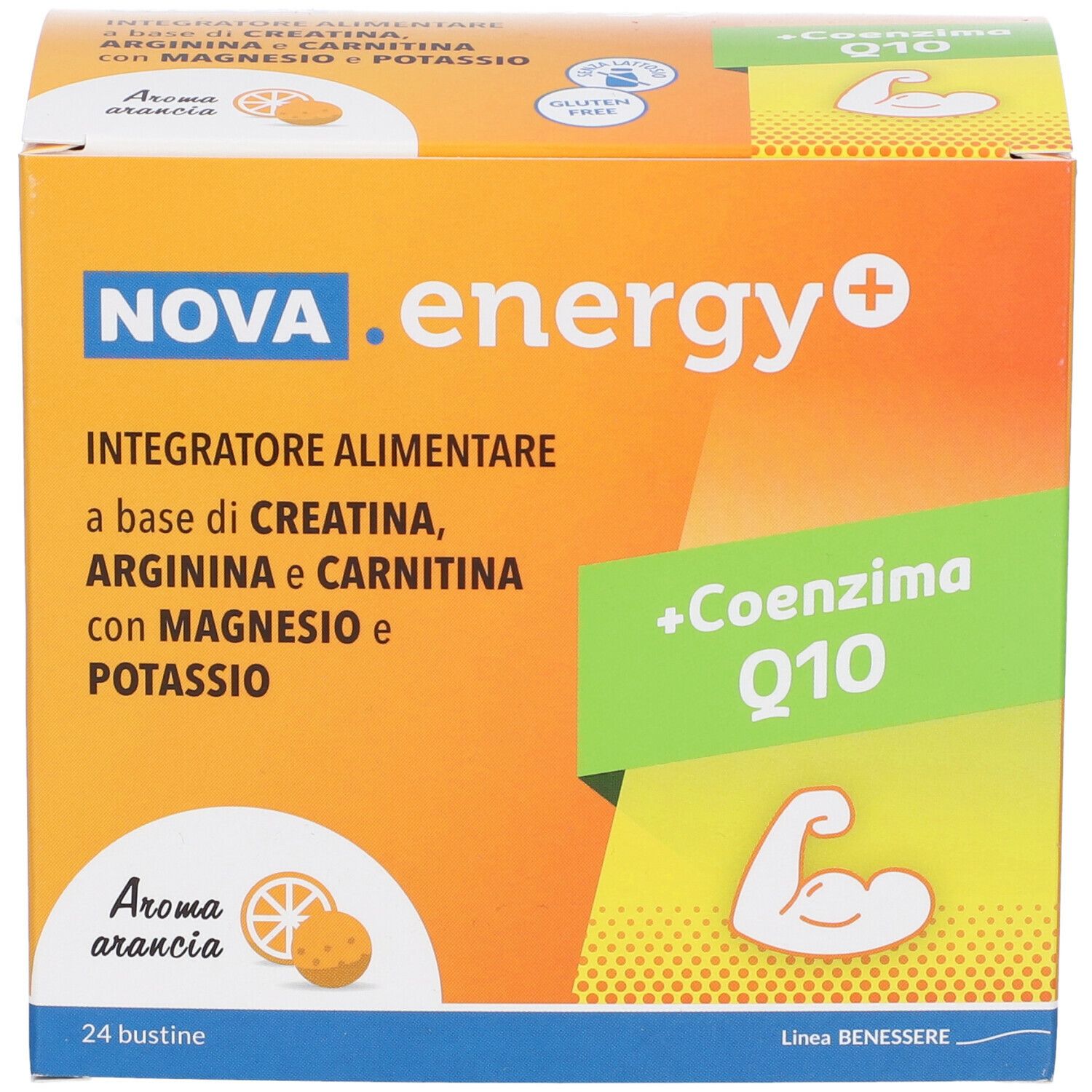 NOVA.energy+ Nahrungsergänzungsmittel-Schachtel. Aufschrift: +Coenzima Q10, Aroma arancia, 24 Beutel. Enthält Kreatin, Arginin, Carnitin.
