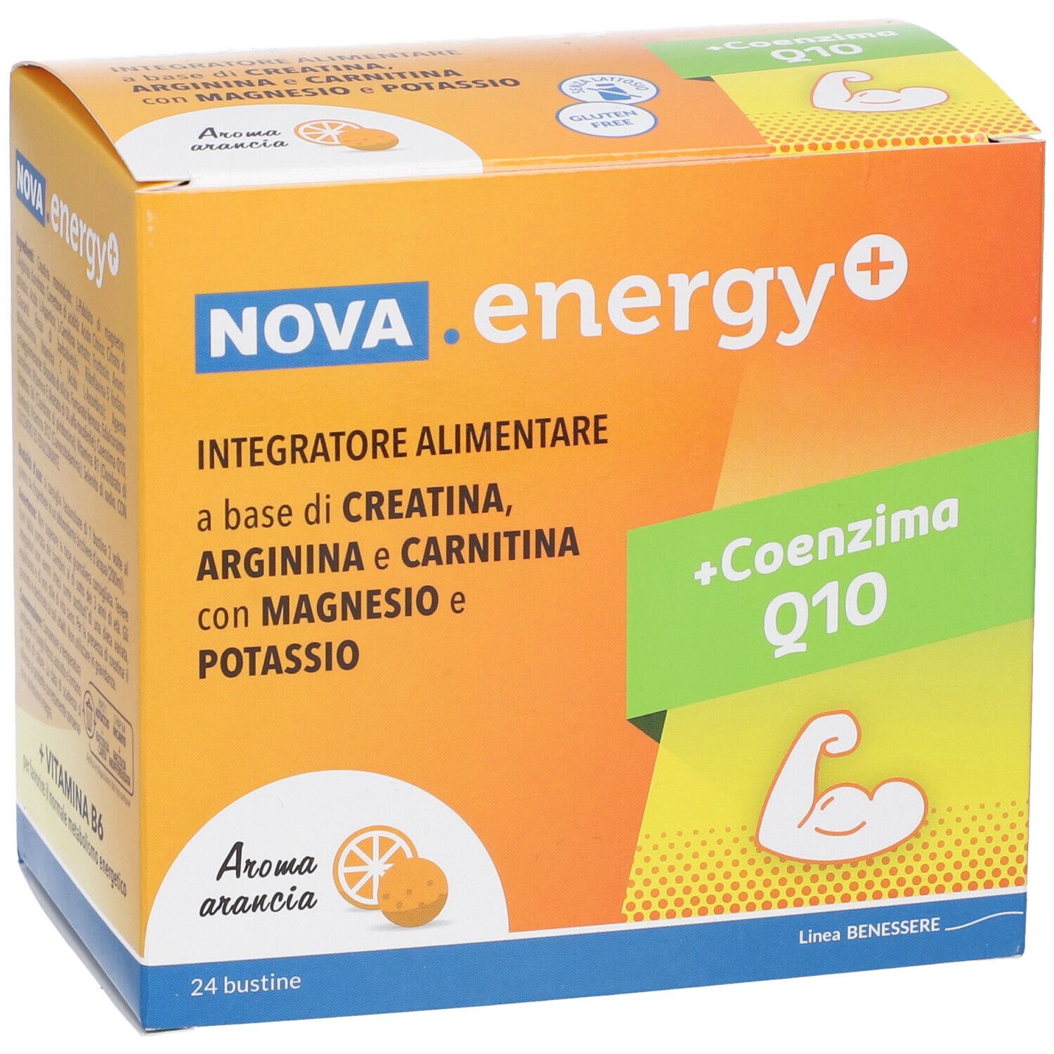 NOVA.energy+ Nahrungsergänzungsmittel-Schachtel. Aufschrift: +Coenzima Q10, Aroma arancia, 24 Beutel. Enthält Vitamin B6.