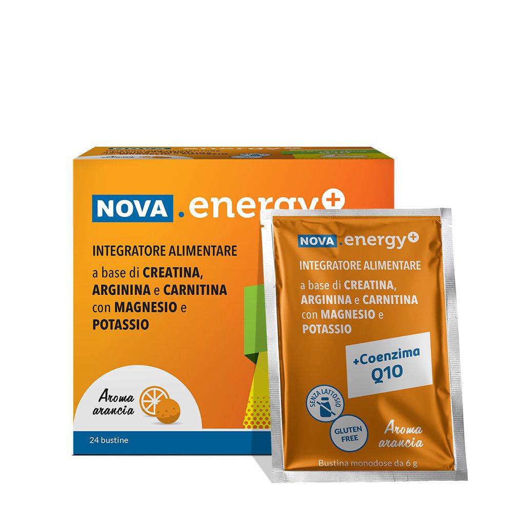 NOVA.energy+ Nahrungsergänzungsmittel-Packung mit einem geöffneten Beutel. Aufschrift: +Coenzima Q10, Glutenfrei, Aroma arancia.